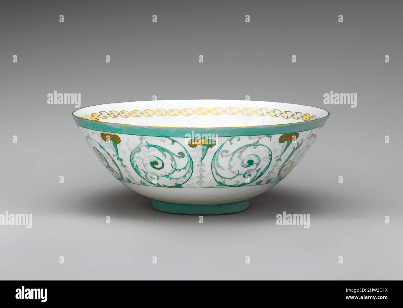 Kunst inspiriert von Bowl, ca. 1897, hergestellt in Trenton, New Jersey, USA, Porzellan, Glasur Emaille Dekoration, H. 3 in. (7,6 cm); Durchm. 7 13/16 Zoll (19,8 cm), Ceramics, Ceramic Art Company (American (Trenton, New Jersey), 1889–1896, Klassische Werke, die von Artotop mit einem Schuss Moderne modernisiert wurden. Formen, Farbe und Wert, auffällige visuelle Wirkung auf Kunst. Emotionen durch Freiheit von Kunstwerken auf zeitgemäße Weise. Eine zeitlose Botschaft, die eine wild kreative neue Richtung verfolgt. Künstler, die sich dem digitalen Medium zuwenden und die Artotop NFT erschaffen Stockfoto