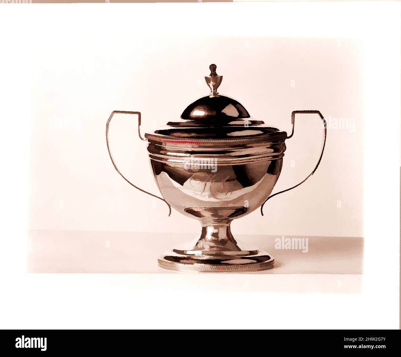 Art inspired by Sugar Bowl, 1800–1830, amerikanisch, Silber, insgesamt: 8 3/8 x 9 1/4 x 4 3/8 Zoll (21,3 x 23,5 x 11,1 cm); 16 oz. 5 dwt. (504,9 g), Silber, Classic Works modernisiert von Artotop mit einem Schuss Moderne. Formen, Farbe und Wert, auffällige visuelle Wirkung auf Kunst. Emotionen durch Freiheit von Kunstwerken auf zeitgemäße Weise. Eine zeitlose Botschaft, die eine wild kreative neue Richtung verfolgt. Künstler, die sich dem digitalen Medium zuwenden und die Artotop NFT erschaffen Stockfoto