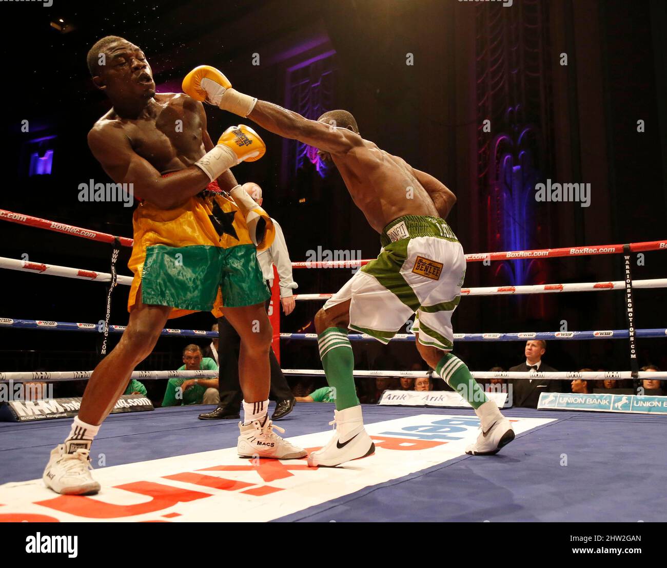Larry Ekundayo (White Shorts) kämpft während der Show „Judgement Day“ im Troxy, Limehouse, London, gegen Joseph Lamptey um den Titel der African Boxing Union (ABU). 30. Oktober 2015. James Boardman / Telephoto Images +44 7967 642437 Stockfoto