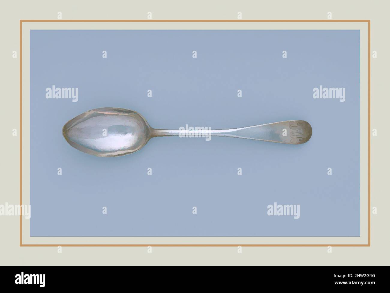 Kunst inspiriert von Table Spoon, 1780–90, hergestellt in Boston, Massachusetts, USA, Amerikanisch, Silber, L. 8 3/8 Zoll (21,3 cm), Silver, Paul Revere Jr. (Amerikaner, Boston, Massachusetts 1734–1818 Boston, Massachusetts, Klassisches Werk, das von Artotop mit einem Schuss Moderne modernisiert wurde. Formen, Farbe und Wert, auffällige visuelle Wirkung auf Kunst. Emotionen durch Freiheit von Kunstwerken auf zeitgemäße Weise. Eine zeitlose Botschaft, die eine wild kreative neue Richtung verfolgt. Künstler, die sich dem digitalen Medium zuwenden und die Artotop NFT erschaffen Stockfoto