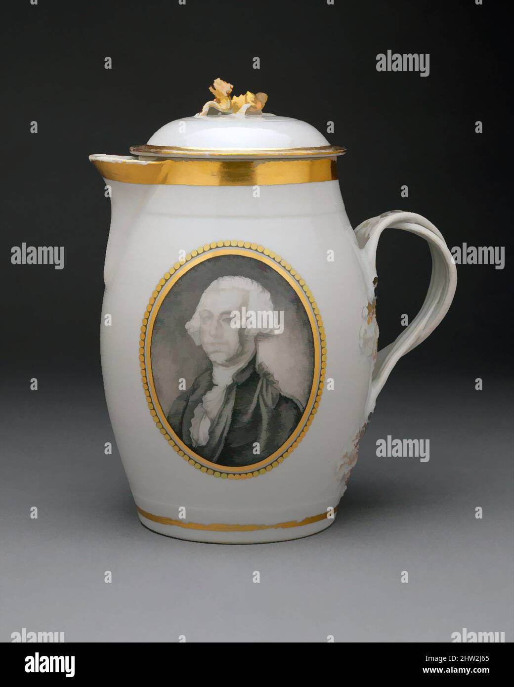 Kunst inspiriert von Toddy Jug, 1800–1820, Made in China, Chinesisch, für den amerikanischen Markt, Porzellan, H. 10 Zoll (25,4 cm), Keramik, die Initialen ET in Gold unter dem Auslauf dieses Kängers sind die von Edward Tilghman (1750–1815), einem prominenten Anwalt in Philadelphia. Dieser chinesische Exportkrug wurde, Classic Works von Artotop mit einem Schuss Moderne modernisiert. Formen, Farbe und Wert, auffällige visuelle Wirkung auf Kunst. Emotionen durch Freiheit von Kunstwerken auf zeitgemäße Weise. Eine zeitlose Botschaft, die eine wild kreative neue Richtung verfolgt. Künstler, die sich dem digitalen Medium zuwenden und die Artotop NFT erschaffen Stockfoto