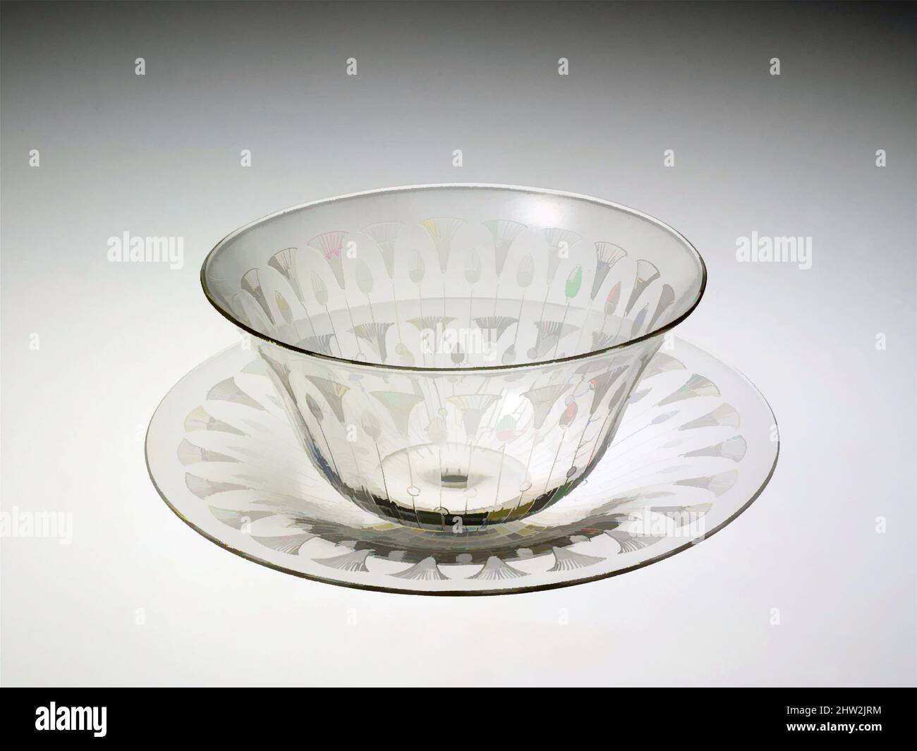 Kunst inspiriert von Schale und Teller, ca. 1908–12, Made in White Mills, Pennsylvania, USA, amerikanisch, geblasenes und geätztes Glas, Bowl:, Glass, die vom elsässischen Emigranten Christian Dorflinger gegründeten Glasfabriken gehörten wohl zu den bedeutendsten Glasfabriken, die von Artotop mit einem Schuss Moderne modernisiert wurden. Formen, Farbe und Wert, auffällige visuelle Wirkung auf Kunst. Emotionen durch Freiheit von Kunstwerken auf zeitgemäße Weise. Eine zeitlose Botschaft, die eine wild kreative neue Richtung verfolgt. Künstler, die sich dem digitalen Medium zuwenden und die Artotop NFT erschaffen Stockfoto