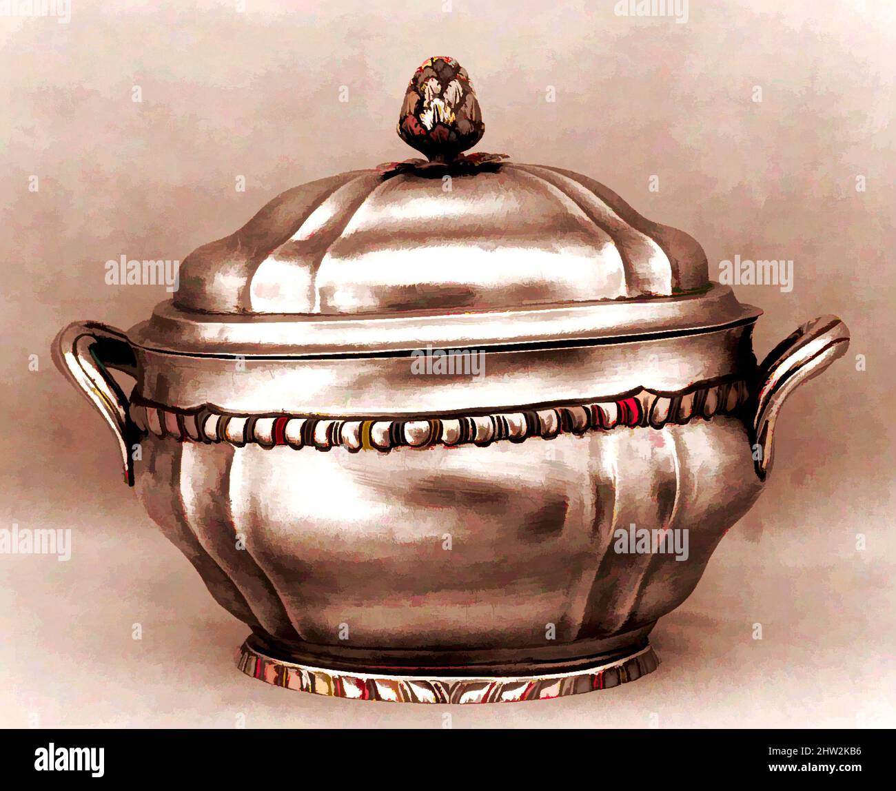 Kunst inspiriert von Terrine, 1750–1800, Made in Mexico, Mexican, Silver, 9 1/4 x 12 3/8 Zoll (23,5 x 31,4 cm) 74oz 9 dwt (2315,4 g), Silber, Klassisches Werk von Artotop mit einem Schuss Moderne modernisiert. Formen, Farbe und Wert, auffällige visuelle Wirkung auf Kunst. Emotionen durch Freiheit von Kunstwerken auf zeitgemäße Weise. Eine zeitlose Botschaft, die eine wild kreative neue Richtung verfolgt. Künstler, die sich dem digitalen Medium zuwenden und die Artotop NFT erschaffen Stockfoto