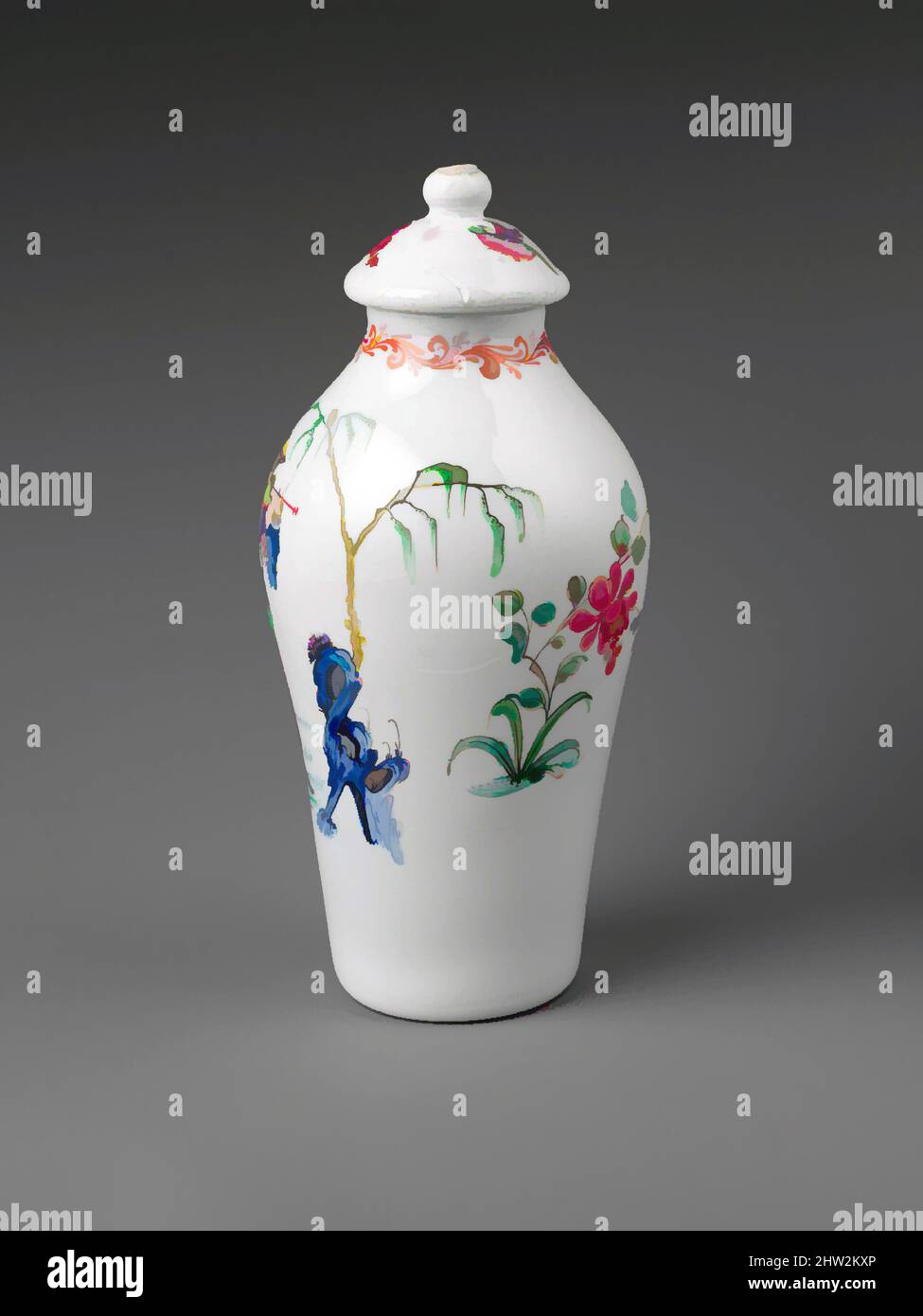 Kunst inspiriert von Vase, ca. 1760, wahrscheinlich hergestellt in Bristol,  Bristol, England, Großbritannien, blickdichtes Glas mit Emaille-Verzierung,  H. 7 1/2 Zoll (19,1 cm), Glas, Classic Works modernisiert von Artotop mit  einem Schuss