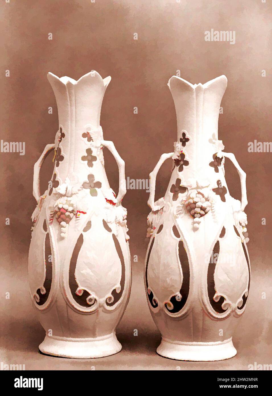 Kunst inspiriert von Vase, 1830–70, wahrscheinlich hergestellt in Bennington, Vermont, USA, amerikanischem, parischem Porzellan, H. 13 1/8 Zoll (33,3 cm), Keramik, benannt in Bezug auf den alten Marmorbruch auf der griechischen Insel Parros, parian hat einen höheren Anteil an Feldspat als herkömmliche, Classic Works modernisiert von Artotop mit einem Schuss Moderne. Formen, Farbe und Wert, auffällige visuelle Wirkung auf Kunst. Emotionen durch Freiheit von Kunstwerken auf zeitgemäße Weise. Eine zeitlose Botschaft, die eine wild kreative neue Richtung verfolgt. Künstler, die sich dem digitalen Medium zuwenden und die Artotop NFT erschaffen Stockfoto