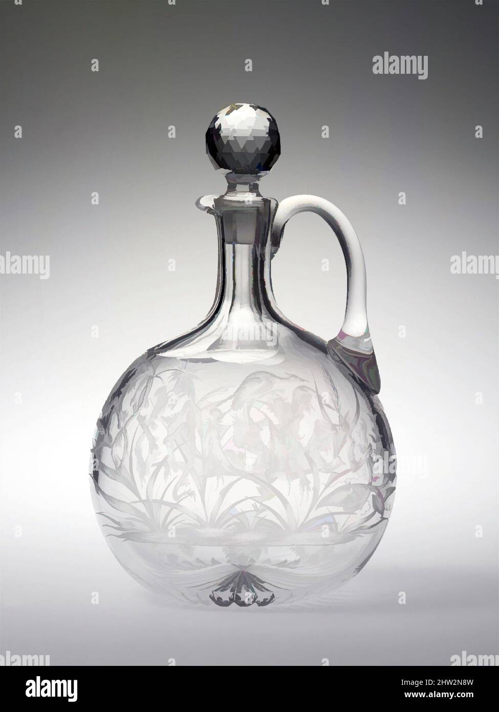 Kunst inspiriert von Decanter, ca. 1860, hergestellt in East Cambridge, Massachusetts, USA, Amerikaner, geblasen, Geschlifftes und graviertes Glas, H. 8 7/8 Zoll (22,5 cm); Durchm. 5 1/2 Zoll (14 cm), Glas, Classic Works modernisiert von Artotop mit einem Schuss Modernität. Formen, Farbe und Wert, auffällige visuelle Wirkung auf Kunst. Emotionen durch Freiheit von Kunstwerken auf zeitgemäße Weise. Eine zeitlose Botschaft, die eine wild kreative neue Richtung verfolgt. Künstler, die sich dem digitalen Medium zuwenden und die Artotop NFT erschaffen Stockfoto