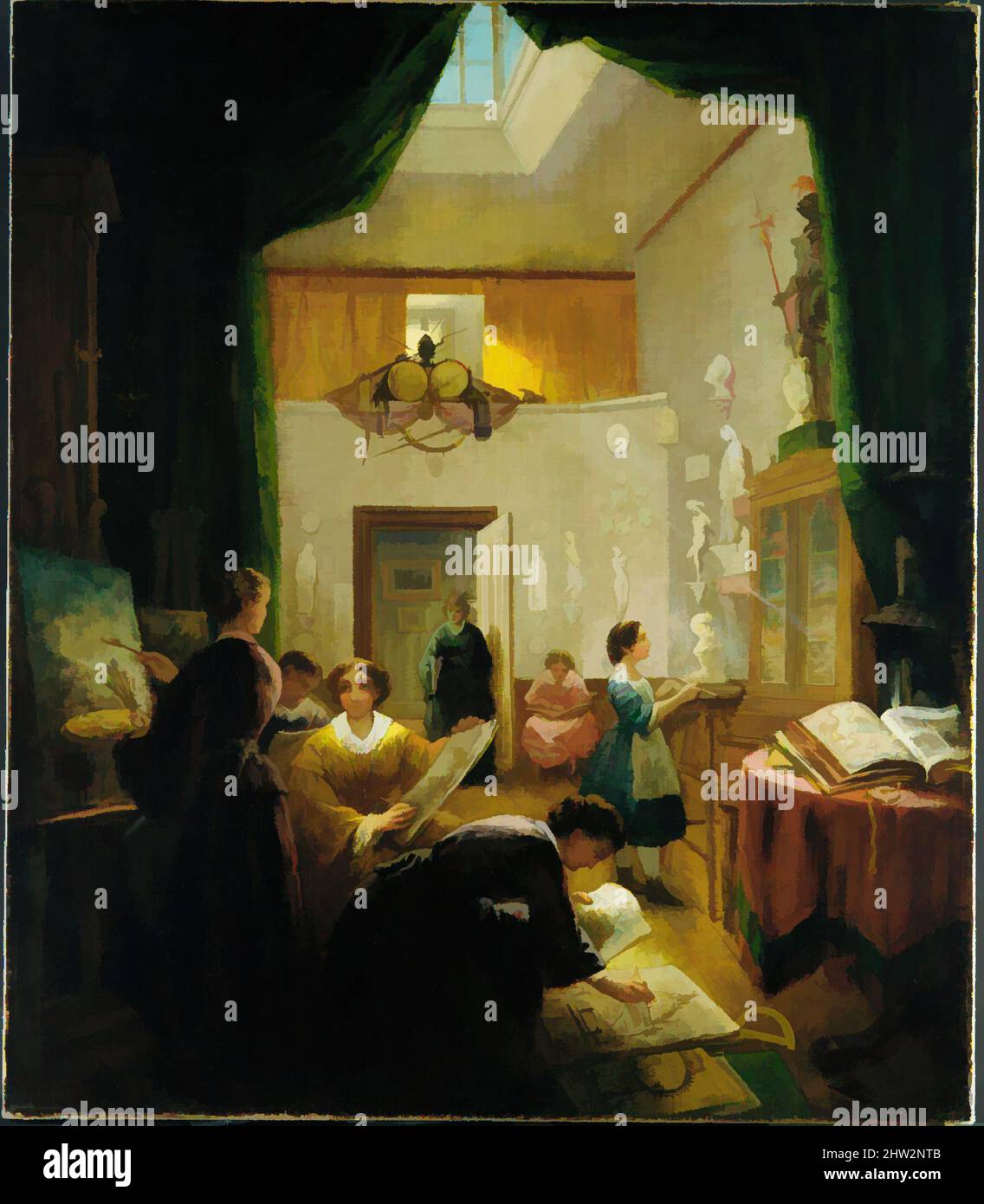 Kunst inspiriert von der Kunstklasse der Frauen, ca. 1868, Öl auf Leinwand, 26 7/8 x 23 1/4 Zoll (68,3 x 59,1 cm), Gemälde, Louis lang (1814–1893), in Deutschland geboren, kam lang 1838 nach Philadelphia, wo er als Porträtist bekannt wurde und wahrscheinlich Malunterricht unterrichtete. Diese Szene kann, Classic Works modernisiert von Artotop mit einem Spritzer der Moderne. Formen, Farbe und Wert, auffällige visuelle Wirkung auf Kunst. Emotionen durch Freiheit von Kunstwerken auf zeitgemäße Weise. Eine zeitlose Botschaft, die eine wild kreative neue Richtung verfolgt. Künstler, die sich dem digitalen Medium zuwenden und die Artotop NFT erschaffen Stockfoto