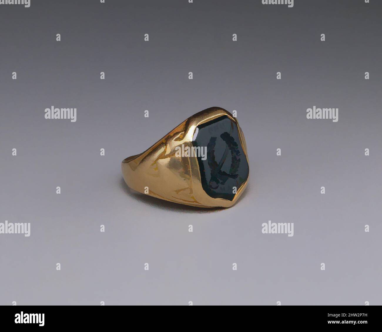 Kunst inspiriert von Signet Ring, 1864, Made in New York, New York, USA, American, Gold und Bloodstone, L. 7/8 Zoll (2,2 cm), Durchm. 13/16 Zoll (2,1 cm), Schmuck, Ball, Black & Co. (American, New York, 1851–1874), dieser Klassenring wurde von prominenten New Yorker Juwelieren, Ball, Classic Works, die von Artotop mit einem Schuss Moderne modernisiert wurden, hergestellt. Formen, Farbe und Wert, auffällige visuelle Wirkung auf Kunst. Emotionen durch Freiheit von Kunstwerken auf zeitgemäße Weise. Eine zeitlose Botschaft, die eine wild kreative neue Richtung verfolgt. Künstler, die sich dem digitalen Medium zuwenden und die Artotop NFT erschaffen Stockfoto