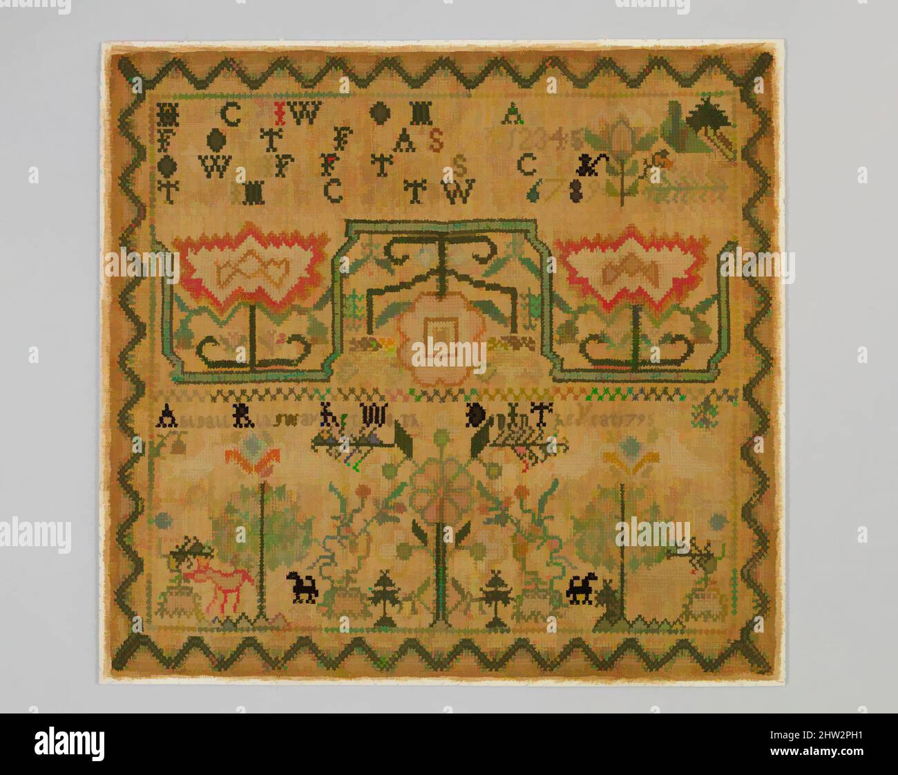 Art Inspired by Embroidered Sampler, 1795, Made in Burlington County, New Jersey, USA, Amerikaner, bestickte Seide auf Leinen, 17 x 18 Zoll (43,2 x 45,7 cm), Textilien, Abigail Ridgway (geboren 1778, Klassisches Werk, modernisiert von Artotop mit einem Schuss Moderne. Formen, Farbe und Wert, auffällige visuelle Wirkung auf Kunst. Emotionen durch Freiheit von Kunstwerken auf zeitgemäße Weise. Eine zeitlose Botschaft, die eine wild kreative neue Richtung verfolgt. Künstler, die sich dem digitalen Medium zuwenden und die Artotop NFT erschaffen Stockfoto
