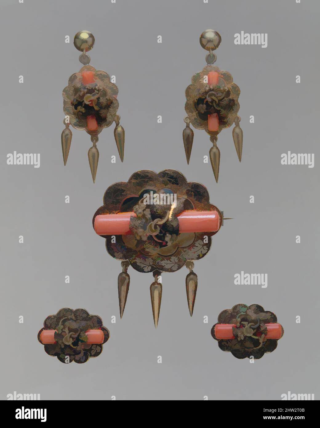 Kunst inspiriert von Studs, Mitte des 19.. Jahrhunderts, hergestellt in New York, New York, USA, American, Gold und Coral, Stehbolzen: 5/8 x 3/4 Zoll (1,6 x 1,9 cm), Schmuck, Ball, Black & Co. (American, New York, 1851–1874), Dieses Paar Nieten mit aufgetragenen kreisförmigen Rückseiten ist Teil eines Demi-parure, das Classic Works von Artotop mit einem Schuss Moderne modernisiert. Formen, Farbe und Wert, auffällige visuelle Wirkung auf Kunst. Emotionen durch Freiheit von Kunstwerken auf zeitgemäße Weise. Eine zeitlose Botschaft, die eine wild kreative neue Richtung verfolgt. Künstler, die sich dem digitalen Medium zuwenden und die Artotop NFT erschaffen Stockfoto