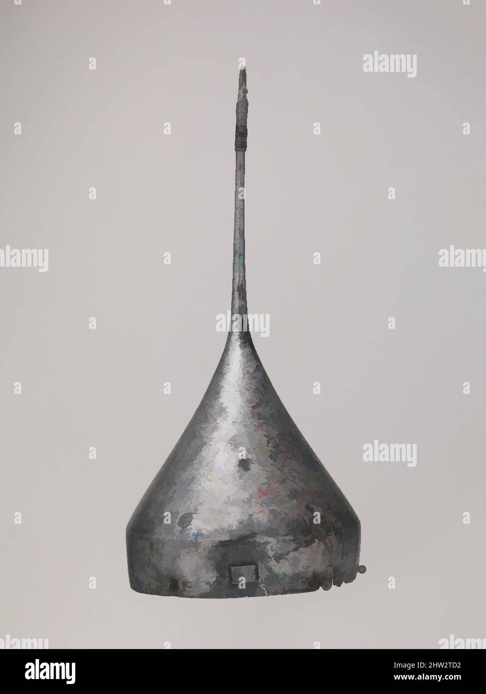 Kunst inspiriert von Helm, Anfang des 16.. Jahrhunderts, südrussisch oder iranisch, Stahl, Eisen, Kupferlegierung, Leder, H. 18 3/8 Zoll (46,7 cm); Gewicht 3 lb. 7 oz. (1560 g), Helme, dieser extrem hohe konische Helm ist als Beispiel für eine Art, die in Iran und Russland in den späten getragen bemerkenswert, Classic Works modernisiert von Artotop mit einem Schuss Moderne. Formen, Farbe und Wert, auffällige visuelle Wirkung auf Kunst. Emotionen durch Freiheit von Kunstwerken auf zeitgemäße Weise. Eine zeitlose Botschaft, die eine wild kreative neue Richtung verfolgt. Künstler, die sich dem digitalen Medium zuwenden und die Artotop NFT erschaffen Stockfoto
