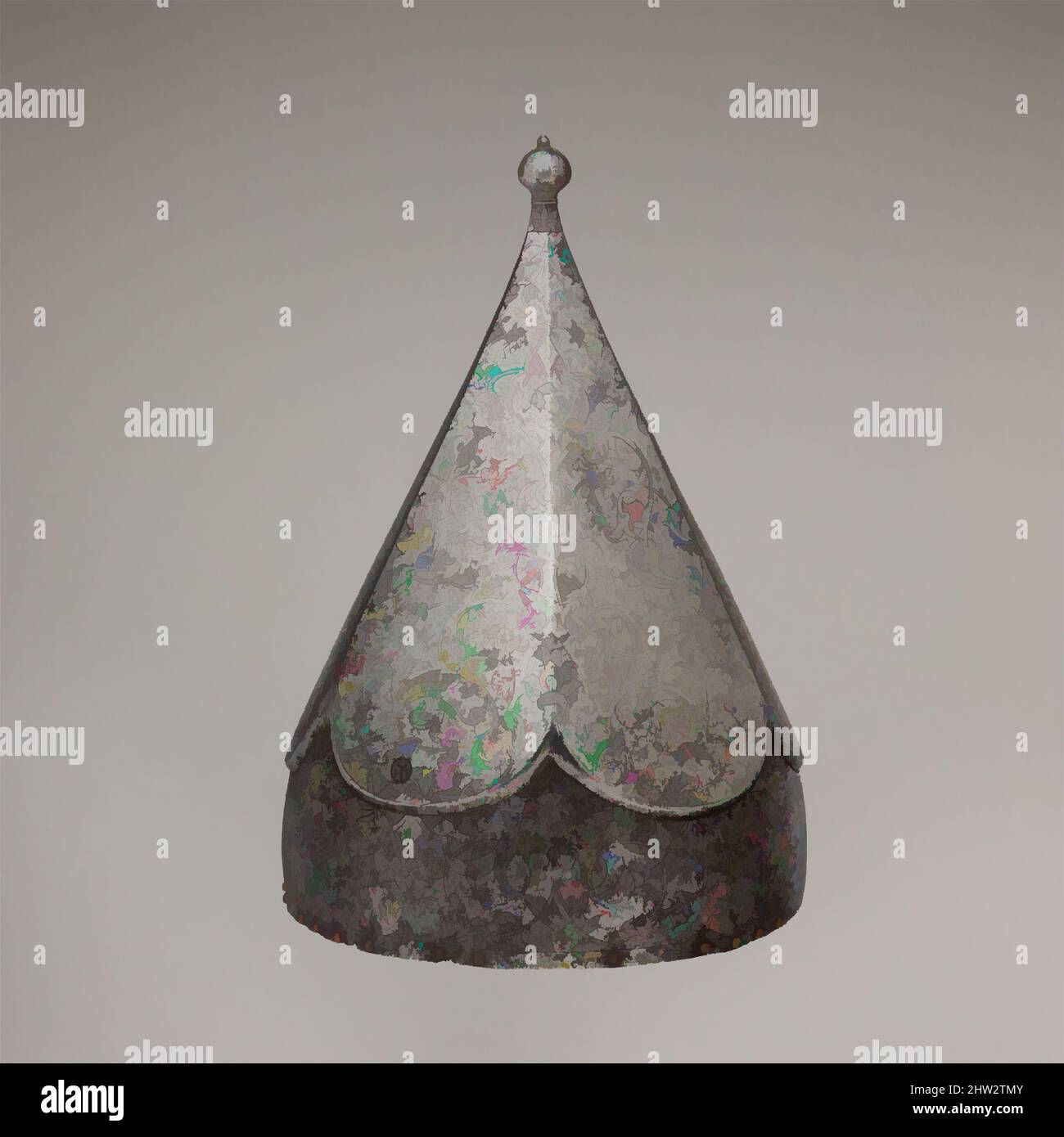 Kunst inspiriert von Helm, ca. 1580, Türkisch, Stahl, Kupferlegierung, H. 13 Zoll (33,02 cm); Durchm. 8 1/4 Zoll (20,96 cm); Gewicht 2 lb. 8 oz. (1257 g), Helmets, die Dekoration von gespaltenen Blättern und Arabesken ist häufig auf osmanischen Keramik und Teppichen der Mitte des sechzehnten Jahrhunderts gefunden, Klassische Werke von Artotop mit einem Schuss Moderne modernisiert. Formen, Farbe und Wert, auffällige visuelle Wirkung auf Kunst. Emotionen durch Freiheit von Kunstwerken auf zeitgemäße Weise. Eine zeitlose Botschaft, die eine wild kreative neue Richtung verfolgt. Künstler, die sich dem digitalen Medium zuwenden und die Artotop NFT erschaffen Stockfoto