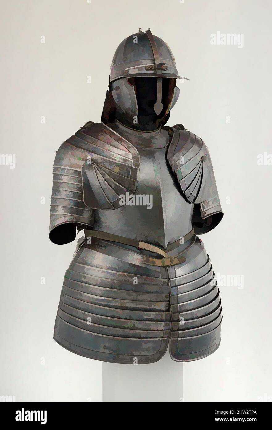 Kunst inspiriert von Half Armour, 1610–20, Nürnberg, Deutsch, Nürnberg, Stahl, Wt 41 lb. 15 oz. (19,01 kg), Rüstung für man-1/2 Rüstung, Obwohl in Nürnberg hergestellt, ist die Rüstung dieses Kavalleriemannes eine ungewöhnliche Mischung aus verschiedenen regionalen Stilen. Der Helm basiert auf einem osteuropäischen Typ, bekannt als, Classic Works modernisiert von Artotop mit einem Schuss Moderne. Formen, Farbe und Wert, auffällige visuelle Wirkung auf Kunst. Emotionen durch Freiheit von Kunstwerken auf zeitgemäße Weise. Eine zeitlose Botschaft, die eine wild kreative neue Richtung verfolgt. Künstler, die sich dem digitalen Medium zuwenden und die Artotop NFT erschaffen Stockfoto