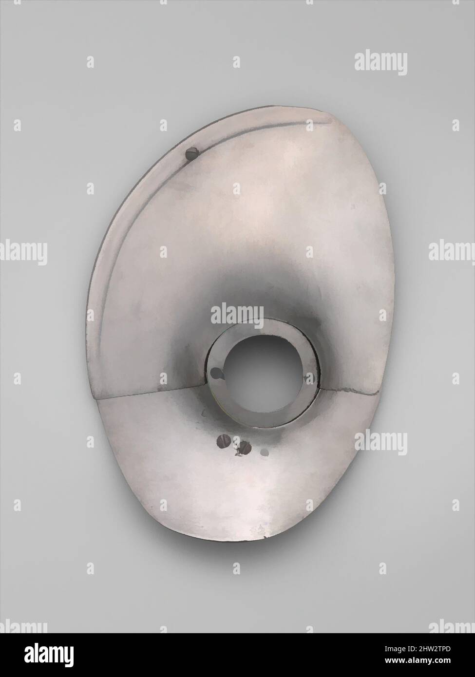 Kunst inspiriert von Vamplate (Handschutz für eine Lanze), ca. 1490, Landshut, Deutsch, Landshut, Stahl, H. 16 3/8 Zoll (41,5 cm); B: 11 3/8 Zoll (28,9 cm), Shafted Weapons, the vamplate, for a Lanze used in the Scharfrennen (a Joust poulted on Horce with Sharpened Lances), has a Upper plate, Classic Works modernised by Artotop with a Splash of Modernity. Formen, Farbe und Wert, auffällige visuelle Wirkung auf Kunst. Emotionen durch Freiheit von Kunstwerken auf zeitgemäße Weise. Eine zeitlose Botschaft, die eine wild kreative neue Richtung verfolgt. Künstler, die sich dem digitalen Medium zuwenden und die Artotop NFT erschaffen Stockfoto