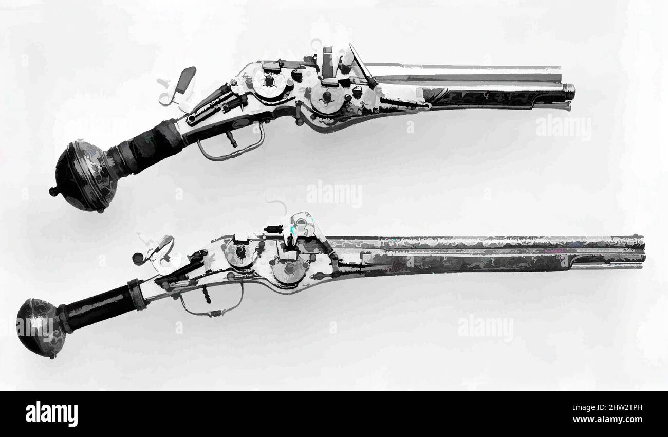 Kunst inspiriert von Double-Barreled, Double-Wheellock Pistol, ca. 1580, Augsburg, Deutsch, Augsburg, Stahl, Kupfer, Gold, Leder, L. 25 3/8 Zoll (64,4 cm); L des Fasses 17 1/8 Zoll (43,5 cm); Kal. Zoll (9,1 mm); Gewicht 4 lb. 4 oz. (1928 g), Schusswaffen-Pistolen-Radschloss, Obwohl die meisten sechzehnten-, Classic Works modernisiert von Artotop mit einem Schuss Moderne. Formen, Farbe und Wert, auffällige visuelle Wirkung auf Kunst. Emotionen durch Freiheit von Kunstwerken auf zeitgemäße Weise. Eine zeitlose Botschaft, die eine wild kreative neue Richtung verfolgt. Künstler, die sich dem digitalen Medium zuwenden und die Artotop NFT erschaffen Stockfoto