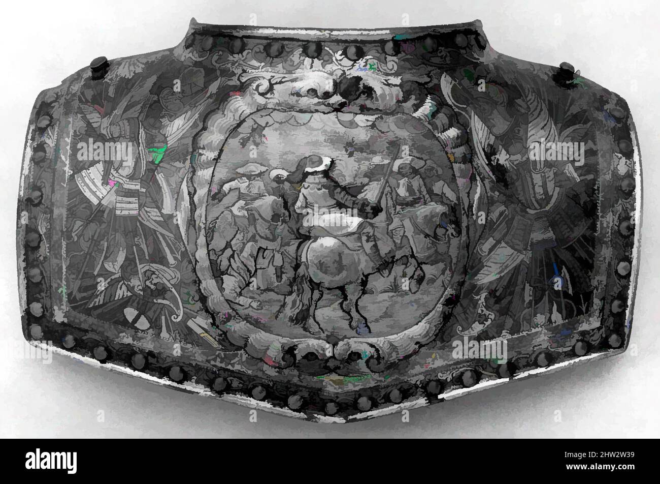 Kunst inspiriert von der Rückenplatte eines Gorget, ca. 1650–60, Niederländisch, Stahl, Silber und Gold, H. 8 Zoll (20,3 cm); B: 13 1/2 Zoll (34,3 cm), Armor Parts-Colletins, die zentrale Szene, geprägt in Flachrelief, zeigt einen zeitgenössischen Kampf zwischen Reitern, die mit Pistolen und Schwertern bewaffnet sind. Es ist flankiert, Classic Works modernisiert von Artotop mit einem Schuss Moderne. Formen, Farbe und Wert, auffällige visuelle Wirkung auf Kunst. Emotionen durch Freiheit von Kunstwerken auf zeitgemäße Weise. Eine zeitlose Botschaft, die eine wild kreative neue Richtung verfolgt. Künstler, die sich dem digitalen Medium zuwenden und die Artotop NFT erschaffen Stockfoto