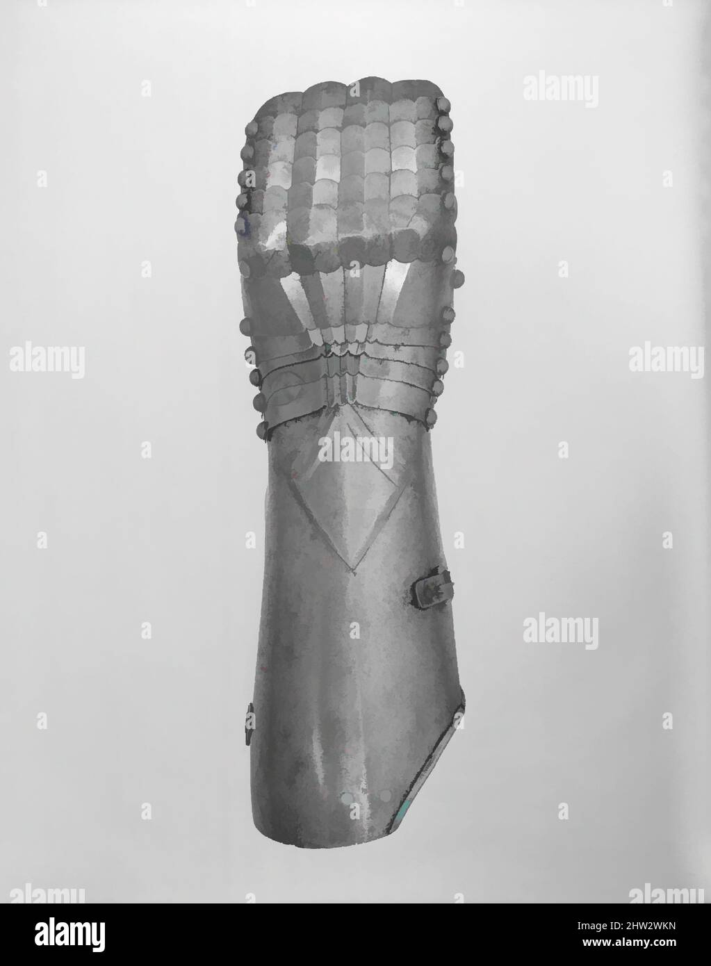 Kunst inspiriert von Left Gauntlet, ca. 1485–95, Innsbruck, wohl Österreicher, Innsbruck, Stahl, H. 14 1/2 Zoll (36,83 cm), Armor Parts-Stulpen, dieser linke Stulpen ist zwar nicht markiert, aber vom Typ Innsbruck. Die Waffler von Innsbruck, der Hauptstadt des österreichischen Tirols, florierten unter den von Artotop modernisierten, klassischen Werken mit einem Schuss Moderne. Formen, Farbe und Wert, auffällige visuelle Wirkung auf Kunst. Emotionen durch Freiheit von Kunstwerken auf zeitgemäße Weise. Eine zeitlose Botschaft, die eine wild kreative neue Richtung verfolgt. Künstler, die sich dem digitalen Medium zuwenden und die Artotop NFT erschaffen Stockfoto