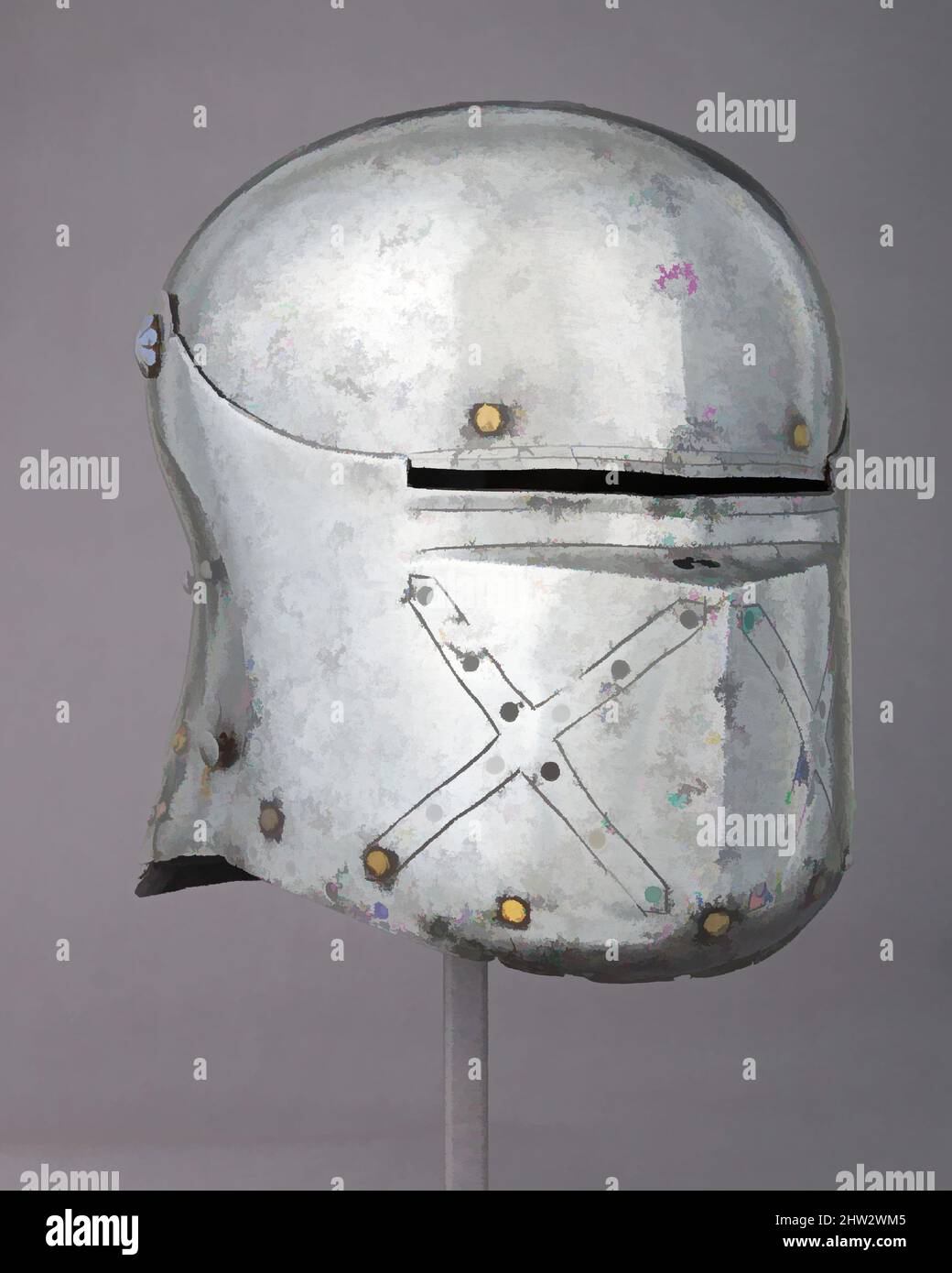 Kunst inspiriert von Sallet, ca. 1500–1510, deutsch, Stahl, Kupferlegierung, Leder, H. 10 1/4 Zoll (26 cm); B: 9 1/8 Zoll (23,2 cm); D. 12 Zoll (30,5 cm); Gewicht 6 lb. 3 oz. (2820 g), Helme, die Belüftungslöcher im Visier, die eine X-Form oder Saltire bilden, verweisen auf das Cross of St. Andrew, A, Classic Works modernisiert von Artotop mit einem Schuss Moderne. Formen, Farbe und Wert, auffällige visuelle Wirkung auf Kunst. Emotionen durch Freiheit von Kunstwerken auf zeitgemäße Weise. Eine zeitlose Botschaft, die eine wild kreative neue Richtung verfolgt. Künstler, die sich dem digitalen Medium zuwenden und die Artotop NFT erschaffen Stockfoto