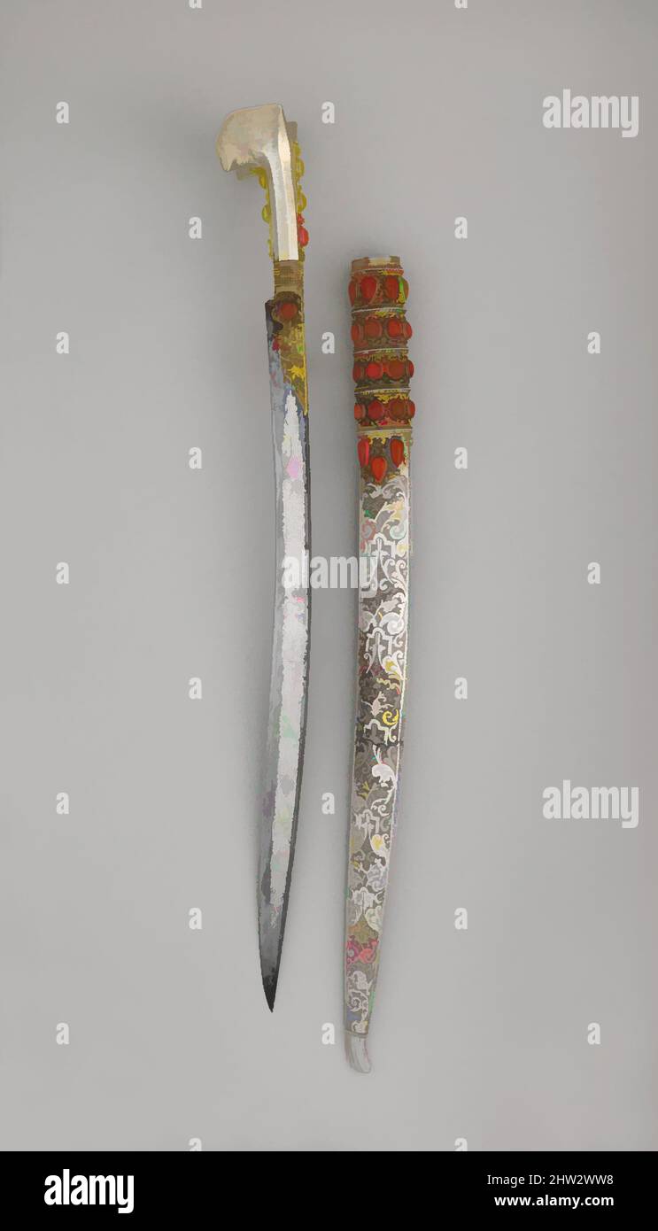 Von Yatagan mit Scheide inspirierte Kunst, datiert 1802–3, anatolisch oder Balkan, Stahl, Silber, Gold, Koralle, L. mit Scheide 31 1/8 Zoll (79 cm); L. ohne Scheide 29 Zoll (73,7 cm); L. der Klinge 23 1/8 Zoll (58,7 cm); B: 2 1/4 Zoll (5,7 cm); Gewicht 1 lb. 14 oz. (850 g); Gewicht der Scheide 1 lb. 10, Classic Works modernisiert von Artotop mit einem Schuss Moderne. Formen, Farbe und Wert, auffällige visuelle Wirkung auf Kunst. Emotionen durch Freiheit von Kunstwerken auf zeitgemäße Weise. Eine zeitlose Botschaft, die eine wild kreative neue Richtung verfolgt. Künstler, die sich dem digitalen Medium zuwenden und die Artotop NFT erschaffen Stockfoto