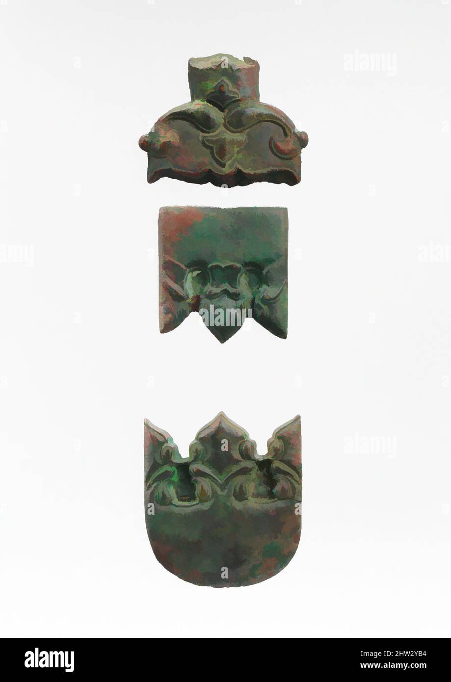 Kunst inspiriert von Matrizen für Schwerthalden, 10.–11. Jahrhundert, irakisch oder iranisch, Kupferlegierung, Schwertwächter (.1): H. 2 1/4 in. (5,7 cm); B: 2 13/16 Zoll (7,1 cm); Gewicht 6 oz. (162 g); Medaillon (.2): H. 2 15/16 Zoll (7,44 cm); B: 2 5/8 Zoll (6,65 cm); Gewicht 4 oz. (119 g); Chape (.3): H. 2 5/16 in, Klassisches Werk, modernisiert von Artotop mit einem Schuss Moderne. Formen, Farbe und Wert, auffällige visuelle Wirkung auf Kunst. Emotionen durch Freiheit von Kunstwerken auf zeitgemäße Weise. Eine zeitlose Botschaft, die eine wild kreative neue Richtung verfolgt. Künstler, die sich dem digitalen Medium zuwenden und die Artotop NFT erschaffen Stockfoto