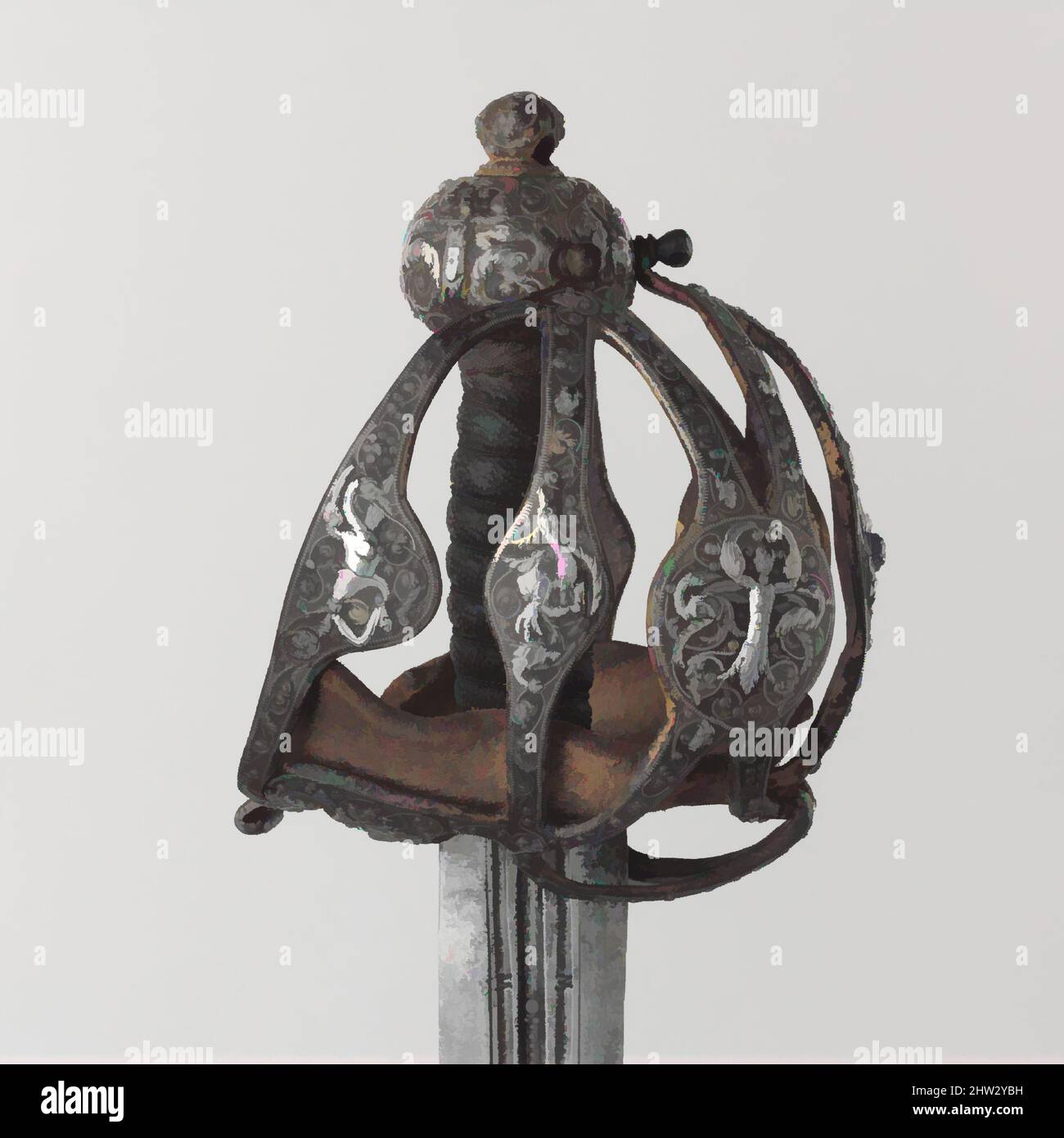 Basket-Hilted Schwert, 1600-1625, British, Stahl, Silber, Gold, Leder, L. 39 3/8 in. (100cm); L. von Blade 33. (83,8 cm); W. 5 3/4 in. (14,6 cm); Wt. 3 lb. 13 oz. (1729 g), Schwerter, Dieses Schwert ist geglaubt zu haben, Sir William Twysden (1566-1628), der von König James zum Ritter geschlagen wurde ich im Jahre 1603, im Parlament viele Jahre gehörte, und war ein Sammler von Büchern und Manuskripten. Es ist eines der besten Beispiele für eine silberne verkrustete Englisch Korb - hilted Schwert dieser Periode Stockfoto