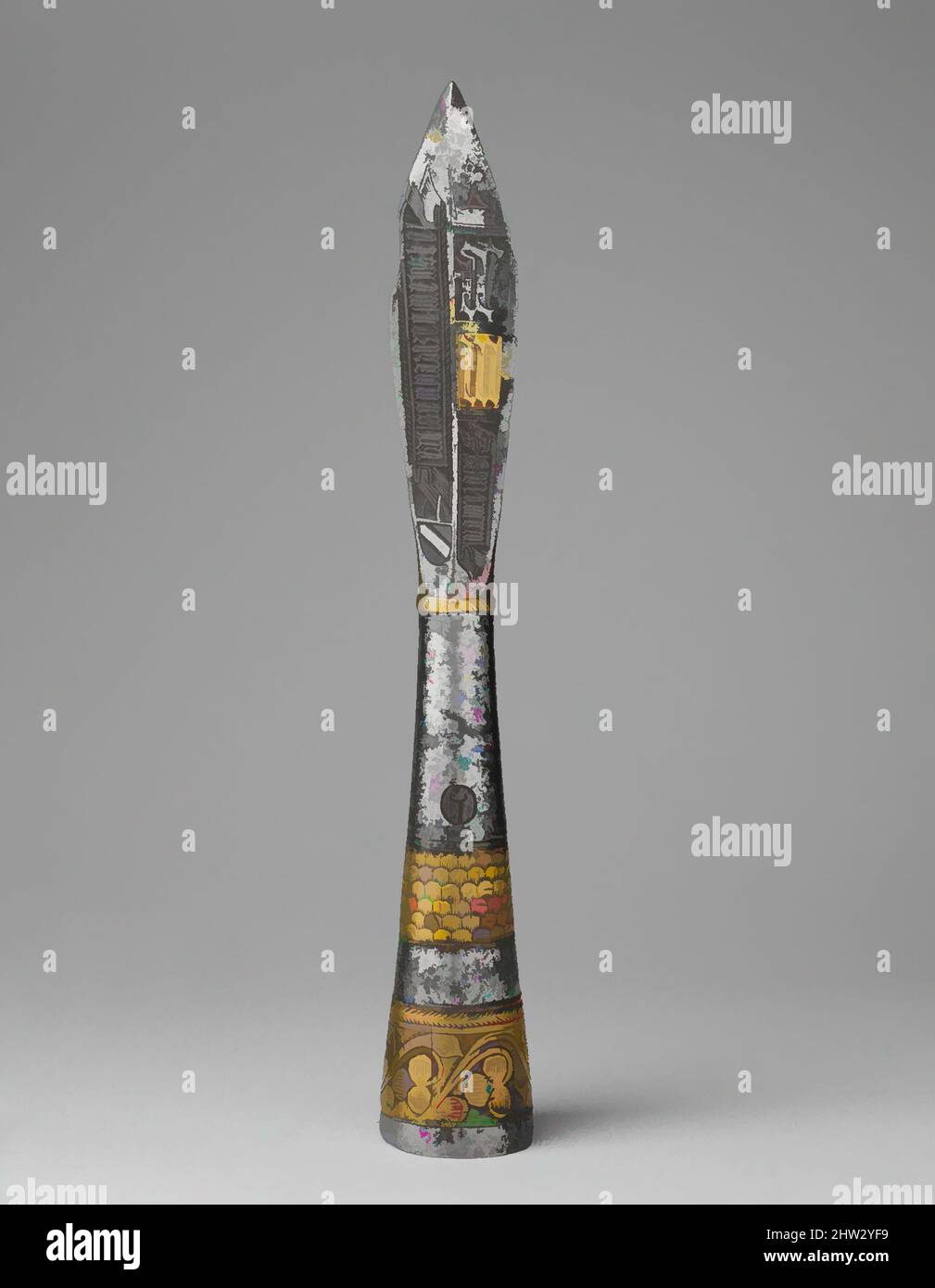 Kunst inspiriert von der zeremoniellen Pfeilspitze, 1437–39, wahrscheinlich Prag, Böhmisch, wahrscheinlich Prag, Stahl, Kupferlegierung, L. 10 7/8 Zoll (27,5 cm); B: 1 9/16 Zoll (4 cm); Gewicht 14,4 oz. (410 g), Archery Equipment-Arrows & Quivers, ursprünglich auf einem Holzschaft montiert, diese extrem große Pfeilspitze, Classic Works modernisiert von Artotop mit einem Schuss Moderne. Formen, Farbe und Wert, auffällige visuelle Wirkung auf Kunst. Emotionen durch Freiheit von Kunstwerken auf zeitgemäße Weise. Eine zeitlose Botschaft, die eine wild kreative neue Richtung verfolgt. Künstler, die sich dem digitalen Medium zuwenden und die Artotop NFT erschaffen Stockfoto