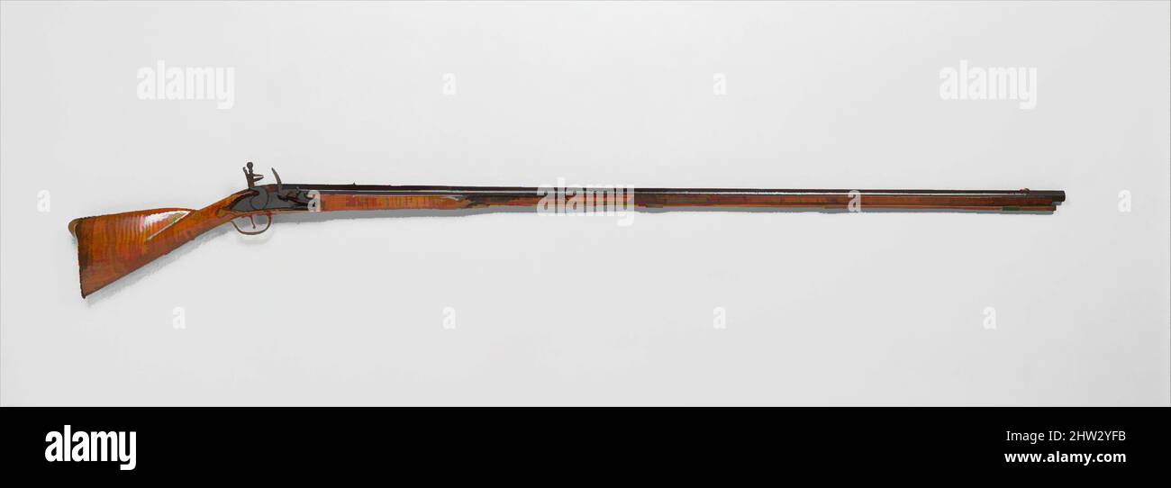 Kunst inspiriert von Flintlock Gun, ca. 1740–50, amerikanisch; Schloss, französisch, Stahl, Messing, Holz (Tiger-Ahorn), L. 77 1/4 Zoll (196,2 cm); L des Fasses 60 Zoll (152,4 cm); Bohrung 10 Gage; WT. 11 lbs. 9 oz. (5,24 kg), Schusswaffen-Flintlock, Diese Waffe zeichnet sich durch ihre große Länge (77 Zoll, Classic Works modernisiert von Artotop mit einem Schuss Moderne. Formen, Farbe und Wert, auffällige visuelle Wirkung auf Kunst. Emotionen durch Freiheit von Kunstwerken auf zeitgemäße Weise. Eine zeitlose Botschaft, die eine wild kreative neue Richtung verfolgt. Künstler, die sich dem digitalen Medium zuwenden und die Artotop NFT erschaffen Stockfoto