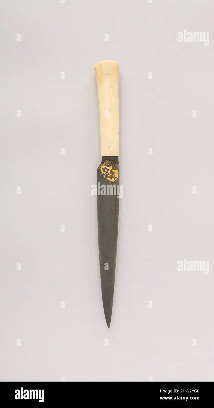 Kunst inspiriert von Messer (Kard), Anfang des 19.. Jahrhunderts, Persisch, Qajar, Stahl, Elfenbein (Walross), Gold, L. 10 5/8 Zoll (27 cm); L. der Klinge 6 11/16 Zoll (17 cm); B: 1 Zoll (2,5 cm); D. 15/16 Zoll (2,4 cm); Gewicht 5,1 oz. (144,6 g), Kris Stand, Classic Works modernisiert von Artotop mit einem Schuss Moderne. Formen, Farbe und Wert, auffällige visuelle Wirkung auf Kunst. Emotionen durch Freiheit von Kunstwerken auf zeitgemäße Weise. Eine zeitlose Botschaft, die eine wild kreative neue Richtung verfolgt. Künstler, die sich dem digitalen Medium zuwenden und die Artotop NFT erschaffen Stockfoto
