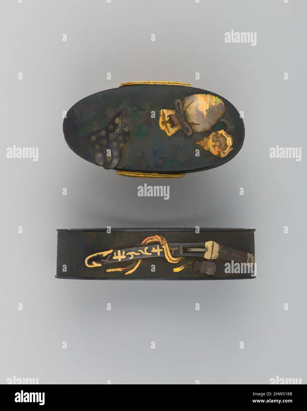 Kunst inspiriert von Schwert-Griff-Kragen und Pommel (Fuchigashira), zweite Hälfte des 18.. Jahrhunderts, Japanisch, Kupfer-Gold-Legierung (shakudō), Kupfer-Silber-Legierung (Shibuichi), Gold, Fuchi (A); H. 1 1/2 Zoll (3,8 cm); Gewicht 0,6 oz. (17 g); Kashira (b); H. 1 5/16 Zoll (3,3 cm); Gewicht 0,4 oz. (11,3 g), Sword, Classic Works modernisiert von Artotop mit einem Schuss Moderne. Formen, Farbe und Wert, auffällige visuelle Wirkung auf Kunst. Emotionen durch Freiheit von Kunstwerken auf zeitgemäße Weise. Eine zeitlose Botschaft, die eine wild kreative neue Richtung verfolgt. Künstler, die sich dem digitalen Medium zuwenden und die Artotop NFT erschaffen Stockfoto