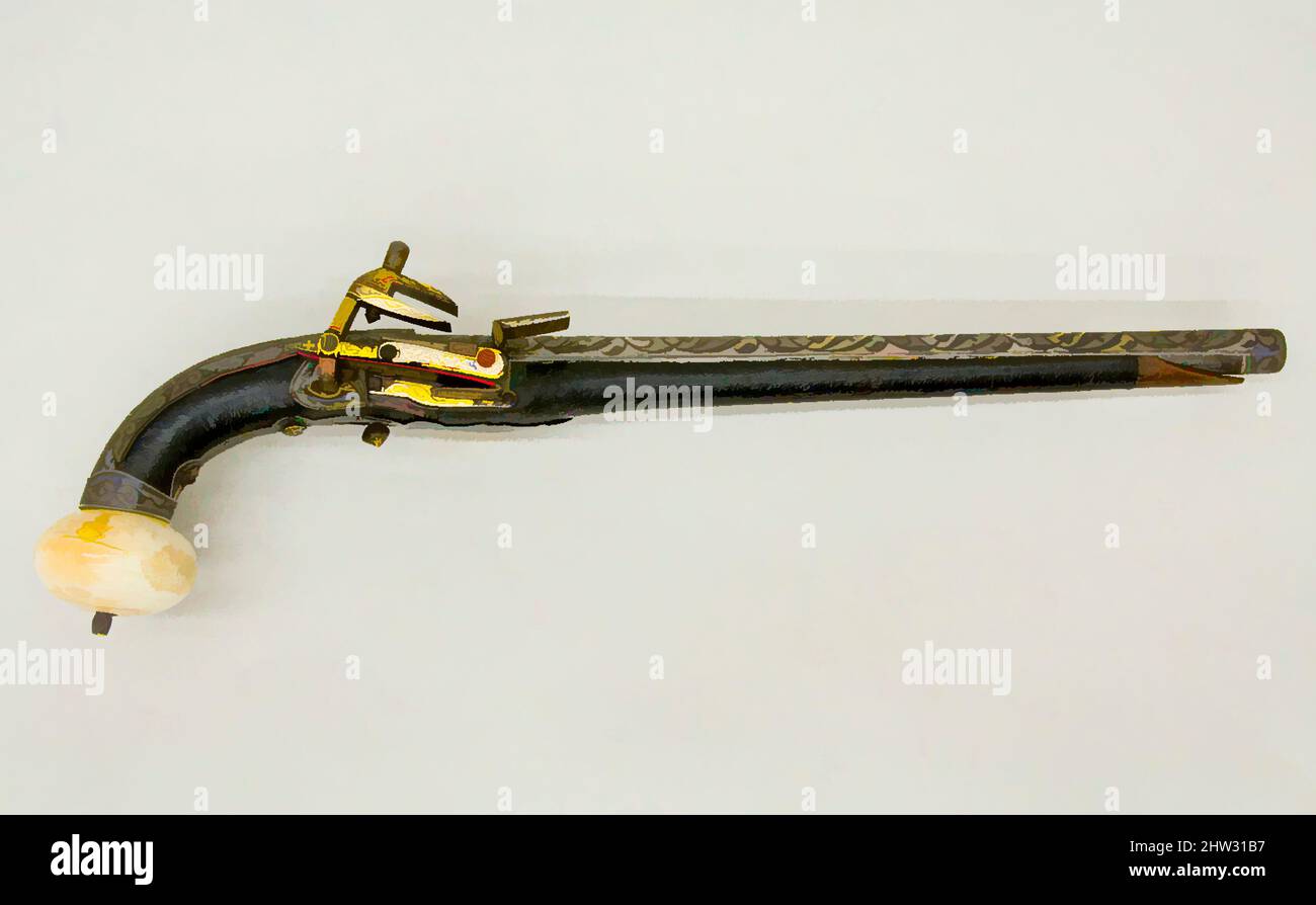 Kunst inspiriert von Miquelet Pistol, 19. Jahrhundert; Griff, datiert A.H. 1268/A.D. 1851–2, Kaukasisch, Stahl, Silber, Elfenbein, Leder, kern, L. 17 3/8 Zoll (44,1 cm); L des Fasses 12 1/4 Zoll (31,1 cm); Kal. 13,7 mm (.54 Zoll); Gewicht 1 lb. 11,5 oz. (779,6 g), Feuerwaffen-Pistols-Miquelet, Klassisches Werk, das von Artotop mit einem Schuss Moderne modernisiert wurde. Formen, Farbe und Wert, auffällige visuelle Wirkung auf Kunst. Emotionen durch Freiheit von Kunstwerken auf zeitgemäße Weise. Eine zeitlose Botschaft, die eine wild kreative neue Richtung verfolgt. Künstler, die sich dem digitalen Medium zuwenden und die Artotop NFT erschaffen Stockfoto