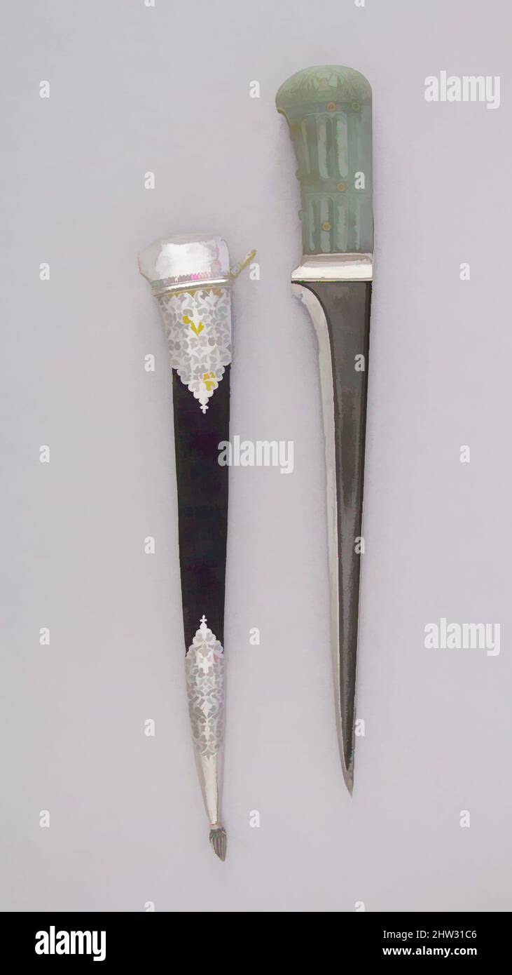Kunst inspiriert von Dagger (Pesh-kabz) mit Sheath, Ende des 18..–Anfang des 19.. Jahrhunderts, Inder, Mogul, Jade, Stahl, Silber, Holz, Samt, L. mit Mantel 17 13/16 Zoll (45,2 cm); L. ohne Mantel 15 7/8 Zoll (40,3 cm); L. der Klinge 11 1/4 Zoll (28,6 cm); B: 2 1/8 Zoll (5,4 cm); Gewicht 1 lb, Classic Works modernisiert von Artotop mit einem Schuss Moderne. Formen, Farbe und Wert, auffällige visuelle Wirkung auf Kunst. Emotionen durch Freiheit von Kunstwerken auf zeitgemäße Weise. Eine zeitlose Botschaft, die eine wild kreative neue Richtung verfolgt. Künstler, die sich dem digitalen Medium zuwenden und die Artotop NFT erschaffen Stockfoto