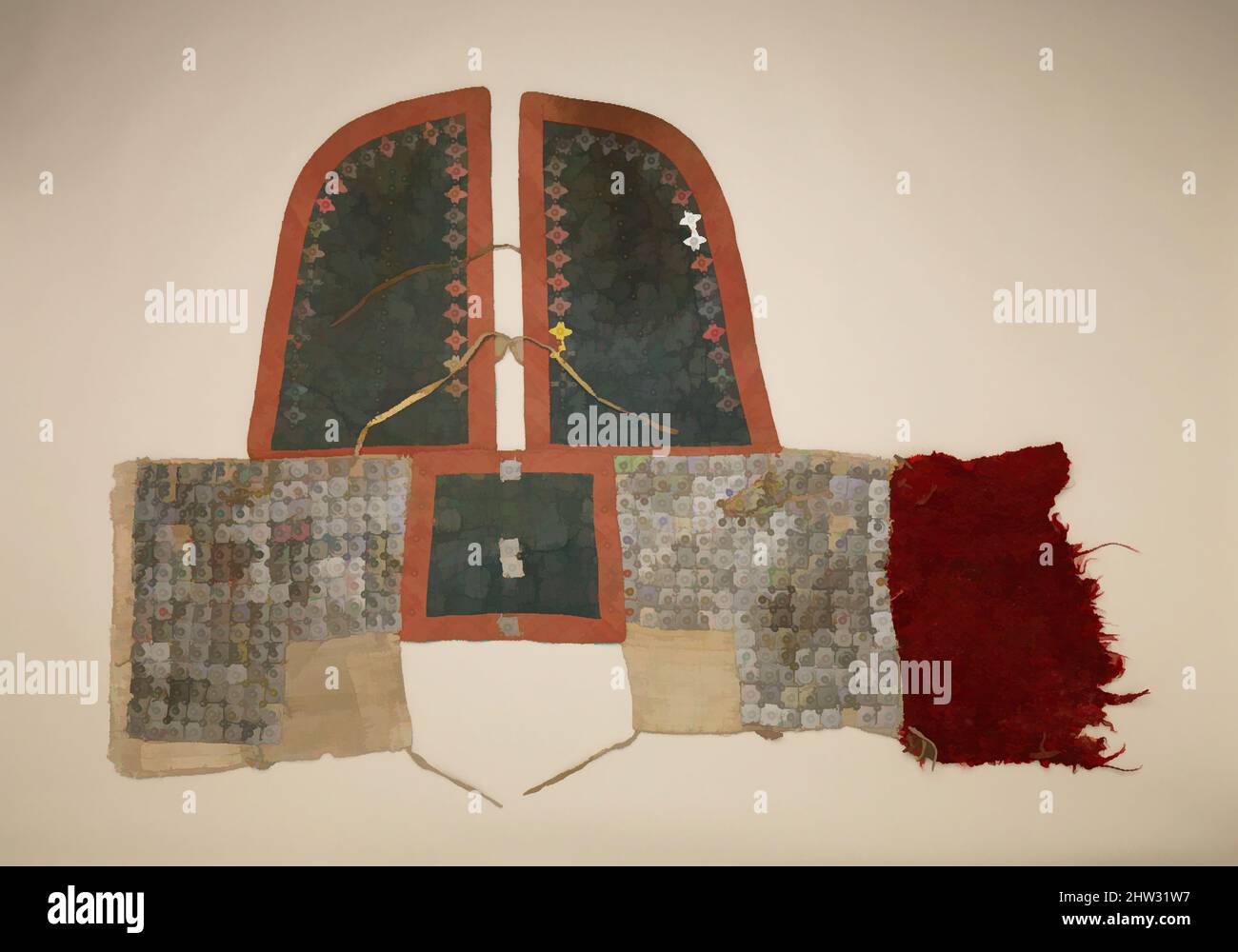 Kunst inspiriert von Crinet und Schulterverteidigung für ein Pferd, 17.. Jahrhundert, Westtibetanisch, Textil (Wolle, Baumwolle), Eisen, Leder, Haare (Yak), Horn oder Holz, L. 36 5/8 Zoll (93 cm); W. 54 3/4 Zoll (139,1 cm), Rüstung für Pferd, Klassische Werke, die von Artotop mit einem Schuss Moderne modernisiert wurden. Formen, Farbe und Wert, auffällige visuelle Wirkung auf Kunst. Emotionen durch Freiheit von Kunstwerken auf zeitgemäße Weise. Eine zeitlose Botschaft, die eine wild kreative neue Richtung verfolgt. Künstler, die sich dem digitalen Medium zuwenden und die Artotop NFT erschaffen Stockfoto