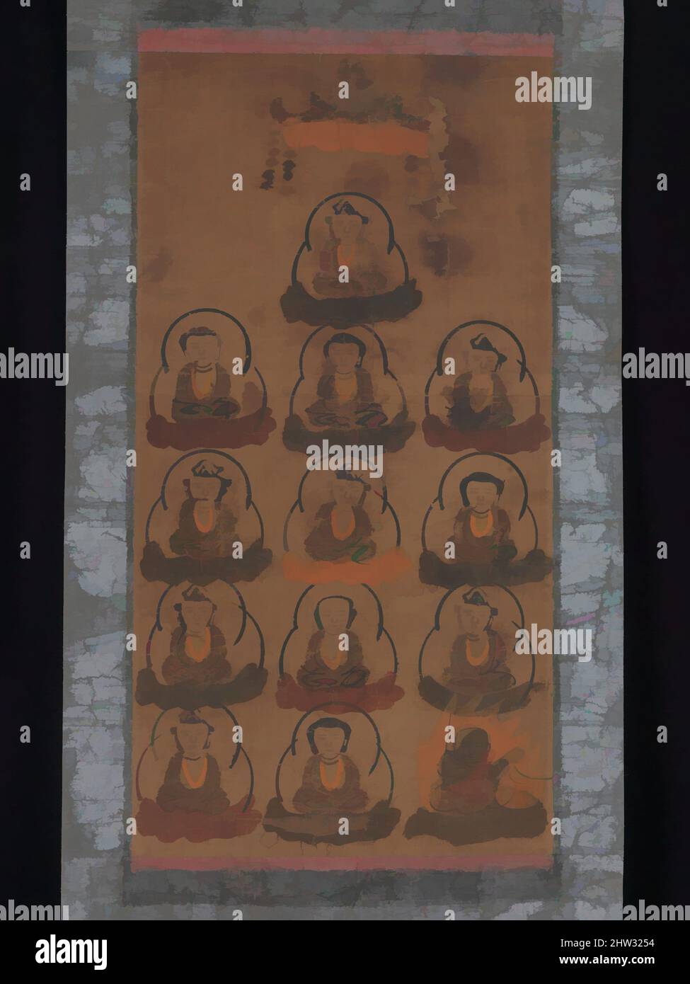 Kunst inspiriert von 十三仏図大津絵, Ōtsu-e der dreizehn buddhistischen Gottheiten, Edo-Zeit (1615–1868), 17. Jahrhundert, Japan, hängende Schriftrolle; Tinte, Farbe und Holzschnitt auf Papier, Bild: 13 1/4 x 6 7/8 Zoll (33,7 x 17,5 cm), Gemälde, das Bild von dreizehn buddhistischen Gottheiten wurde für Gedenkstätten für, Klassischen Werken, die von Artotop mit einem Schuss Moderne modernisiert wurde, aufgehängt. Formen, Farbe und Wert, auffällige visuelle Wirkung auf Kunst. Emotionen durch Freiheit von Kunstwerken auf zeitgemäße Weise. Eine zeitlose Botschaft, die eine wild kreative neue Richtung verfolgt. Künstler, die sich dem digitalen Medium zuwenden und die Artotop NFT erschaffen Stockfoto
