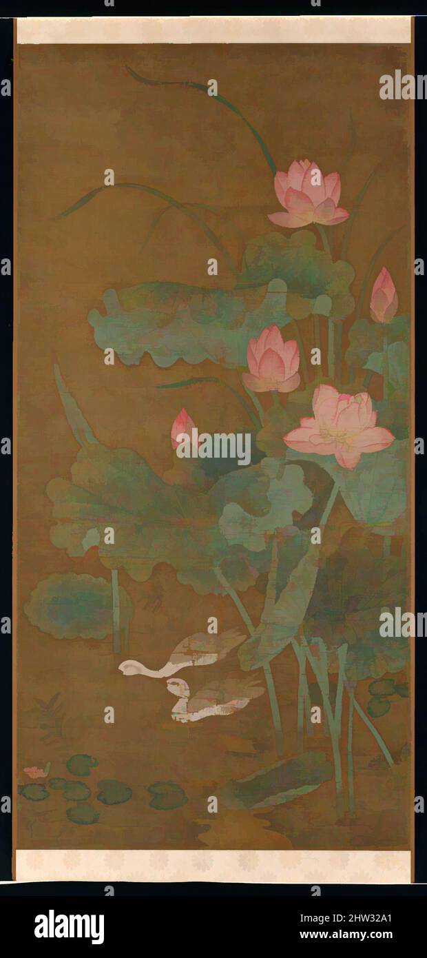 Kunst inspiriert von 元 佚名 蓮花圖 軸, Lotus und Wasservögeln, Yuan-Dynastie (1271–1368), ca. 1300, China, Paar hängende Schriftrollen; Tinte und Farbe auf Seide, Bild (jeweils): 55 3/4 x 26 3/4 Zoll (141,6 x 67,9 cm), Gemälde, nicht identifizierter Künstler, aktiv ca. 1300, aus Indien importiert, der Lotus – wächst aus, Klassisches Werk, das von Artotop mit einem Schuss Moderne modernisiert wurde. Formen, Farbe und Wert, auffällige visuelle Wirkung auf Kunst. Emotionen durch Freiheit von Kunstwerken auf zeitgemäße Weise. Eine zeitlose Botschaft, die eine wild kreative neue Richtung verfolgt. Künstler, die sich dem digitalen Medium zuwenden und die Artotop NFT erschaffen Stockfoto