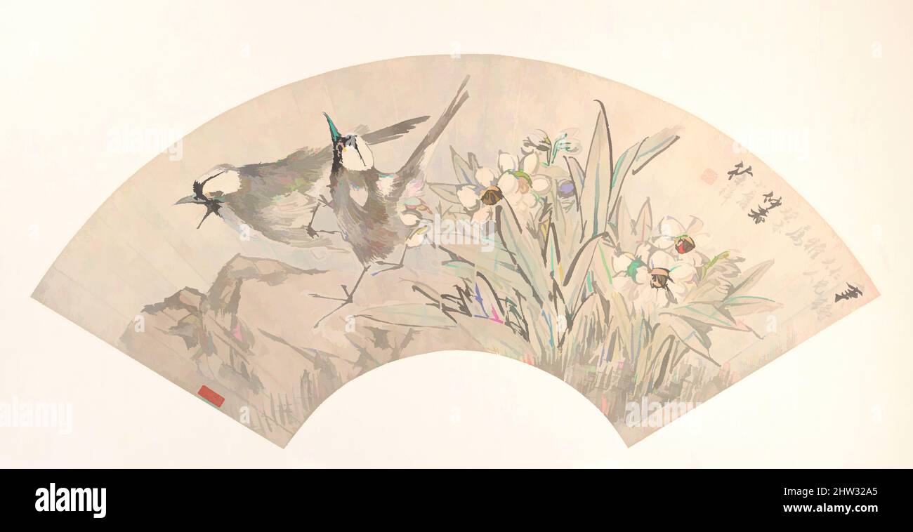Kunst inspiriert von 清 徐祥 小鳥水仙 扇面, Vögeln und Narzissen, Qing-Dynastie (1644–1911), datiert 1883, China, Klappventilator als Albumblatt montiert; Tinte und Farbe auf Alaun-Papier, 7 1/4 x 21 Zoll (18,4 x 53,3 cm), Gemälde, Xu Xiang (Chinesisch, 1850–1899), Xu Xiang war zuerst Schüler von Qian Huian, aber, Klassische Werke, die von Artotop mit einem Schuss Moderne modernisiert wurden. Formen, Farbe und Wert, auffällige visuelle Wirkung auf Kunst. Emotionen durch Freiheit von Kunstwerken auf zeitgemäße Weise. Eine zeitlose Botschaft, die eine wild kreative neue Richtung verfolgt. Künstler, die sich dem digitalen Medium zuwenden und die Artotop NFT erschaffen Stockfoto