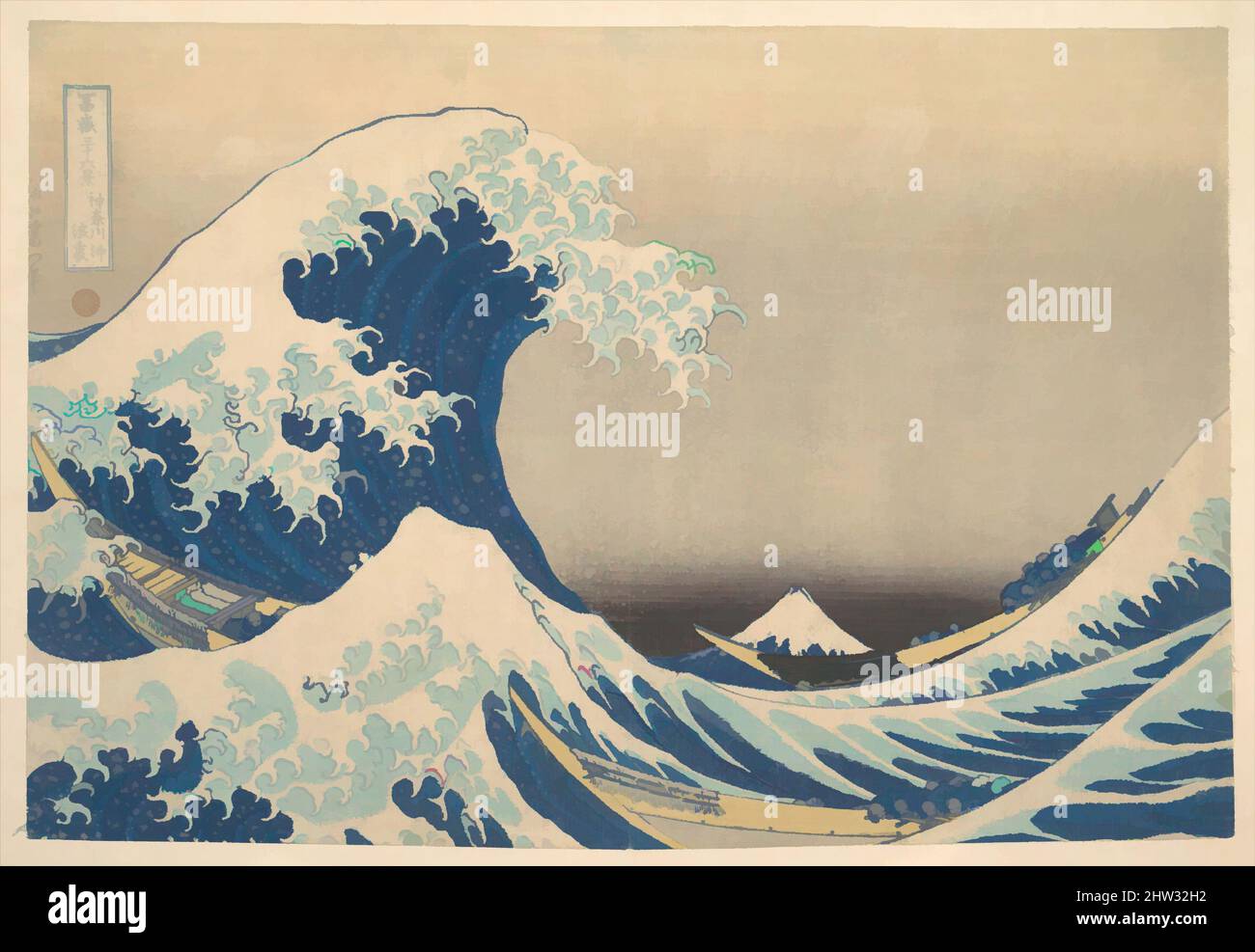 Kunst inspiriert von 冨嶽三十六景 神奈川沖浪裏, Under the Wave off Kanagawa (Kanagawa oki nami ura), auch bekannt als die große Welle, aus der Serie 36 Ansichten des Fuji-Berges (Fugaku sanjūrokkei), Edo-Periode (1615–1868), ca. 1830–32, Japan, Polychromer Holzschnitt; Tusche und Farbe auf Papier, 9 5/8 x, Klassisches Werk, modernisiert von Artotop mit einem Schuss Moderne. Formen, Farbe und Wert, auffällige visuelle Wirkung auf Kunst. Emotionen durch Freiheit von Kunstwerken auf zeitgemäße Weise. Eine zeitlose Botschaft, die eine wild kreative neue Richtung verfolgt. Künstler, die sich dem digitalen Medium zuwenden und die Artotop NFT erschaffen Stockfoto