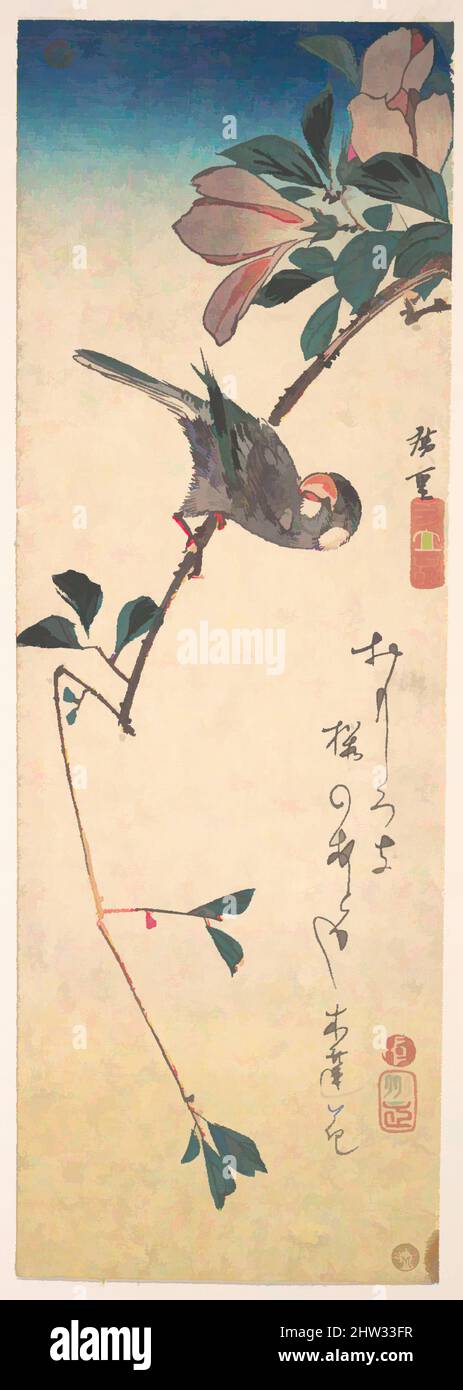 Kunst inspiriert von Purple Magnolia und Hornbill, Edo-Periode (1615–1868), ca. 1830, Japan, Polychromer Holzschnitt; Tinte und Farbe auf Papier, 14 3/5 x 4 29/32 Zoll (37,1 x 12,5 cm), Drucke, Utagawa Hiroshige (Japanisch, Tokio (Edo) 1797–1858 Tokio (Edo, Klassisches Werk, das von Artotop mit einem Schuss Moderne modernisiert wurde. Formen, Farbe und Wert, auffällige visuelle Wirkung auf Kunst. Emotionen durch Freiheit von Kunstwerken auf zeitgemäße Weise. Eine zeitlose Botschaft, die eine wild kreative neue Richtung verfolgt. Künstler, die sich dem digitalen Medium zuwenden und die Artotop NFT erschaffen Stockfoto