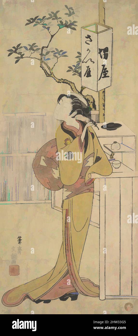 Kunst inspiriert von Einer Kellnerin des Sakai-ya Teehauses stehend und schauend, Edo-Zeit (1615–1868), ca. 1770, Japan, Polychromer Holzschnitt; Tinte und Farbe auf Papier, 12 1/32 x 5 5/8 Zoll (30,6 x 14,3 cm), Drucke, Ippitsusai Bunchō (japanisch, aktiv 1760–1794, Klassisches Werk, modernisiert von Artotop mit einem Schuss Moderne. Formen, Farbe und Wert, auffällige visuelle Wirkung auf Kunst. Emotionen durch Freiheit von Kunstwerken auf zeitgemäße Weise. Eine zeitlose Botschaft, die eine wild kreative neue Richtung verfolgt. Künstler, die sich dem digitalen Medium zuwenden und die Artotop NFT erschaffen Stockfoto
