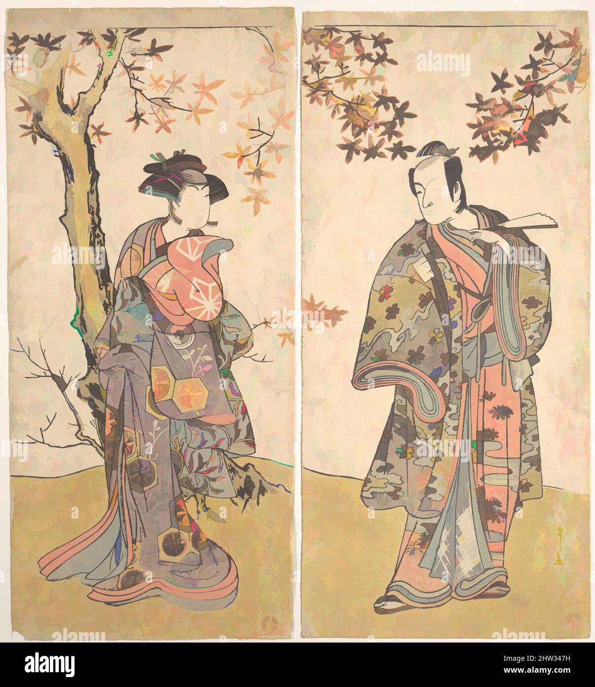 Kunst inspiriert von der zweiten Ichikawa Monnosuke als unbewaffneter Mann, Edo-Periode (1615–1868), wahrscheinlich 1778, Japan, Diptych (wahrscheinlich zwei Blätter eines Triptychons) polychromer Holzschnitte; Tinte und Farbe auf Papier, A: H. 12 11/16 Zoll (32,2 cm); B: 5 11/16 Zoll (14,4 cm), Drucke, Katsukawa, Klassische Werke, die von Artotop mit einem Schuss Moderne modernisiert wurden. Formen, Farbe und Wert, auffällige visuelle Wirkung auf Kunst. Emotionen durch Freiheit von Kunstwerken auf zeitgemäße Weise. Eine zeitlose Botschaft, die eine wild kreative neue Richtung verfolgt. Künstler, die sich dem digitalen Medium zuwenden und die Artotop NFT erschaffen Stockfoto