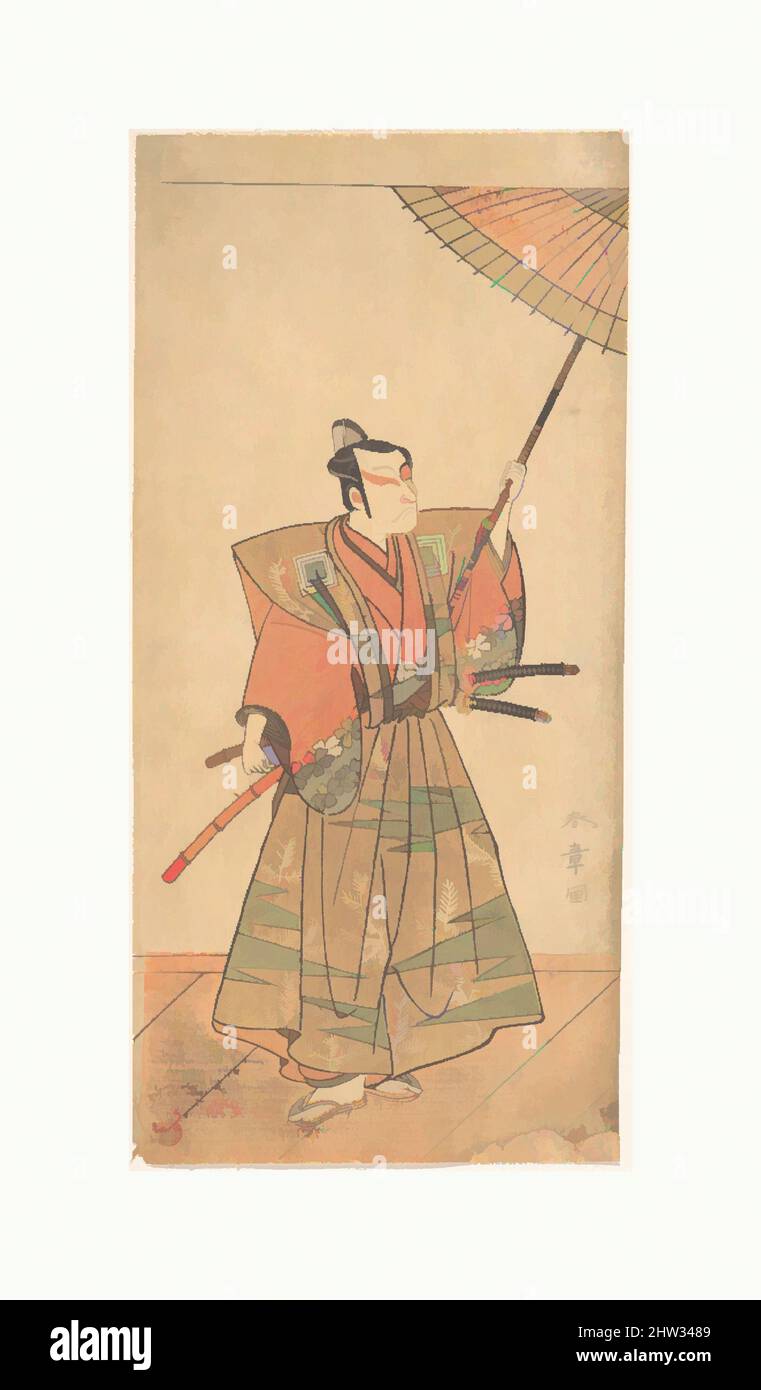 Kunst, inspiriert vom Fünften Ichikawa Danjuro als Samurai, gepattert in Ceremonial Kamishimo, Edo-Periode (1615–1868), wahrscheinlich 1774, Japan, linkes Blatt eines Triptychons polychromer Holzschnitte; Tinte und Farbe auf Papier, 12 11/32 x 5 13/16 Zoll (31,4 x 14,8 cm), Drucke, Katsukawa, Klassische Werke, die von Artotop mit einem Schuss Moderne modernisiert wurden. Formen, Farbe und Wert, auffällige visuelle Wirkung auf Kunst. Emotionen durch Freiheit von Kunstwerken auf zeitgemäße Weise. Eine zeitlose Botschaft, die eine wild kreative neue Richtung verfolgt. Künstler, die sich dem digitalen Medium zuwenden und die Artotop NFT erschaffen Stockfoto