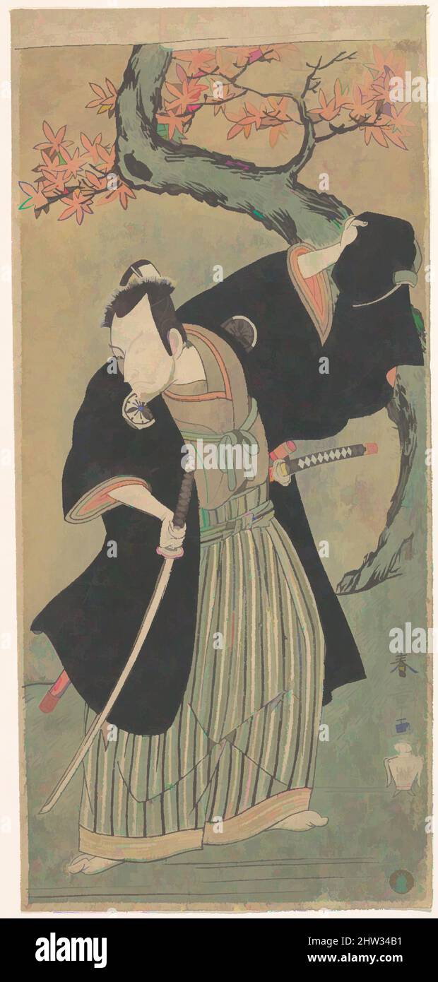 Kunst, inspiriert vom dritten Mensumoto Koshiro als Samurai Standing, Edo-Periode (1615–1868), 1769 oder 1770, Japan, Polychromer Holzschnitt; Tinte und Farbe auf Papier, 12 1/2 x 5 3/4 Zoll (31,8 x 14,6 cm), Drucke, Katsukawa Shunshō (japanisch, 1726–1792, Klassische Werke, die von Artotop mit einem Schuss Moderne modernisiert wurden. Formen, Farbe und Wert, auffällige visuelle Wirkung auf Kunst. Emotionen durch Freiheit von Kunstwerken auf zeitgemäße Weise. Eine zeitlose Botschaft, die eine wild kreative neue Richtung verfolgt. Künstler, die sich dem digitalen Medium zuwenden und die Artotop NFT erschaffen Stockfoto