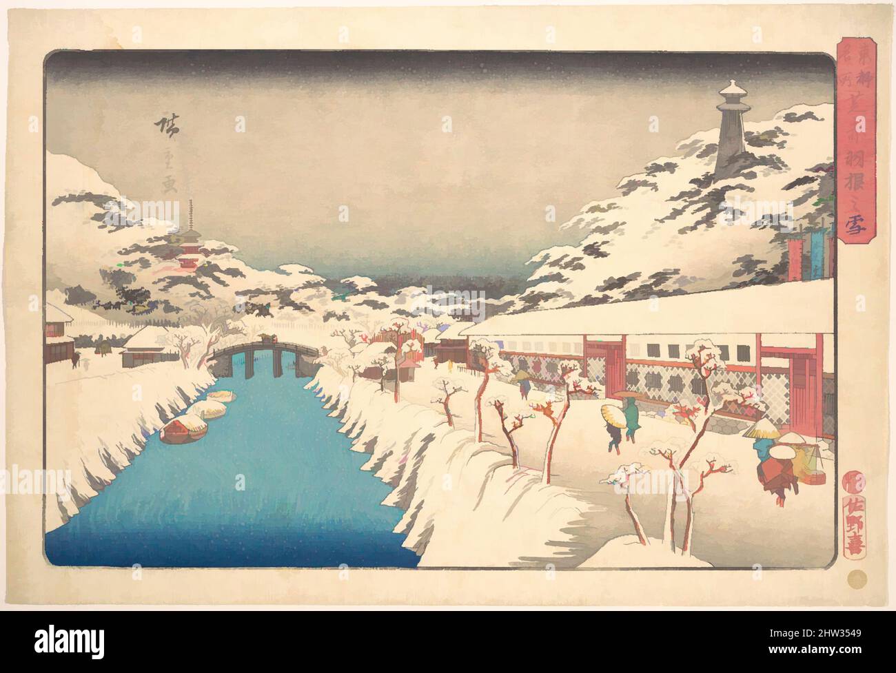 Kunst inspiriert von 東都名所 芝赤羽根之雪, Shiba, Akabane no Yuki, Edo-Zeit (1615–1868), ca. 1837, Japan, Polychromer Holzschnitt; Tinte und Farbe auf Papier, 10 1/8 x 14 15/16 Zoll (25,7 x 37,9 cm), Drucke, Utagawa Hiroshige (Japanisch, Tokio (Edo) 1797–1858 Tokio (Edo, Klassisches Werk, das von Artotop mit einem Schuss Moderne modernisiert wurde. Formen, Farbe und Wert, auffällige visuelle Wirkung auf Kunst. Emotionen durch Freiheit von Kunstwerken auf zeitgemäße Weise. Eine zeitlose Botschaft, die eine wild kreative neue Richtung verfolgt. Künstler, die sich dem digitalen Medium zuwenden und die Artotop NFT erschaffen Stockfoto