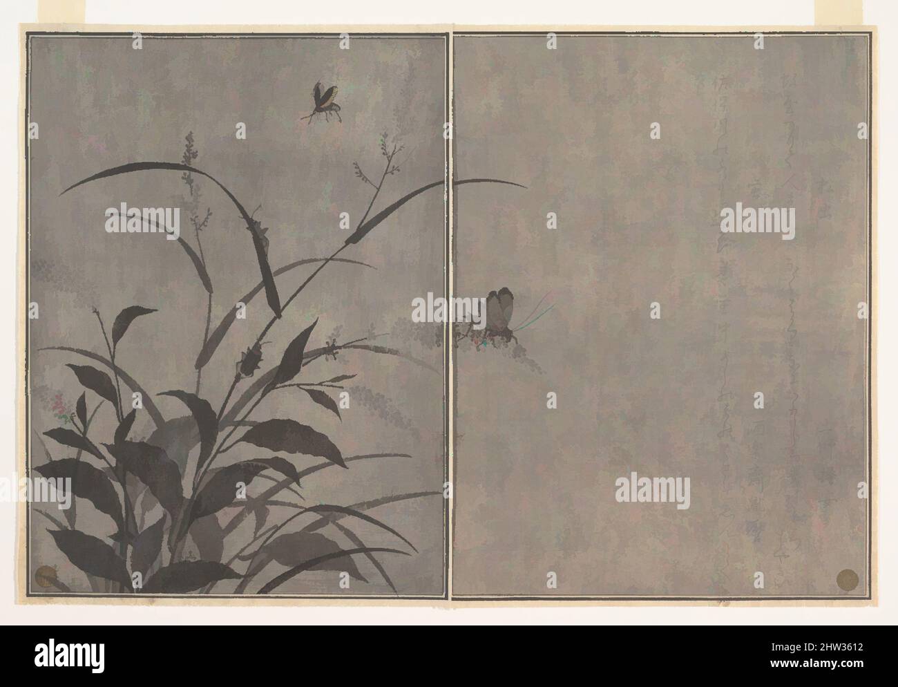 Kunst inspiriert von 『画本虫撰』 「松虫」「虫蛍」, Tree Cricket (Mat-sumushi); Firefly (Hotaru), aus dem Bilderbuch der kriechenden Kreaturen (Ehon mushi erami), Edo-Zeit (1615–1868), 1788, Japan, Seite aus Holzschnitt-gedrucktem Buch; Tinte und Farbe auf Papier, 10 1/2 x 7 7/32 Zoll (26,7 x 18,4 cm), Drucke, von Artotop modernisierte Klassiker mit einem Schuss Moderne. Formen, Farbe und Wert, auffällige visuelle Wirkung auf Kunst. Emotionen durch Freiheit von Kunstwerken auf zeitgemäße Weise. Eine zeitlose Botschaft, die eine wild kreative neue Richtung verfolgt. Künstler, die sich dem digitalen Medium zuwenden und die Artotop NFT erschaffen Stockfoto