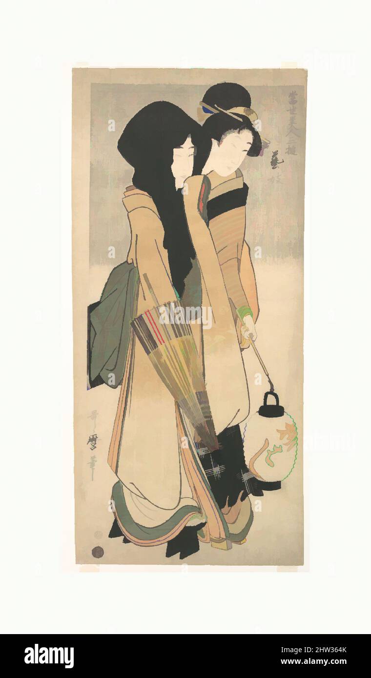 Kunst inspiriert von 当世美人三遊 芸妓, „Geisha“ aus der Serie drei Vergnügungen zeitgenössischer Schönheiten (Tōsei bijin san’yū: Geigi), Edo-Zeit (1615–1868), ca. 1800, Japan, Polychromer Holzschnitt; Tinte und Farbe auf Papier, 20 7/8 x 9 9/16 Zoll (53,0 x 24,3 cm), Drucke, Kitagawa Utamaro (, Klassisches Werk, modernisiert von Artotop mit einem Schuss Moderne. Formen, Farbe und Wert, auffällige visuelle Wirkung auf Kunst. Emotionen durch Freiheit von Kunstwerken auf zeitgemäße Weise. Eine zeitlose Botschaft, die eine wild kreative neue Richtung verfolgt. Künstler, die sich dem digitalen Medium zuwenden und die Artotop NFT erschaffen Stockfoto