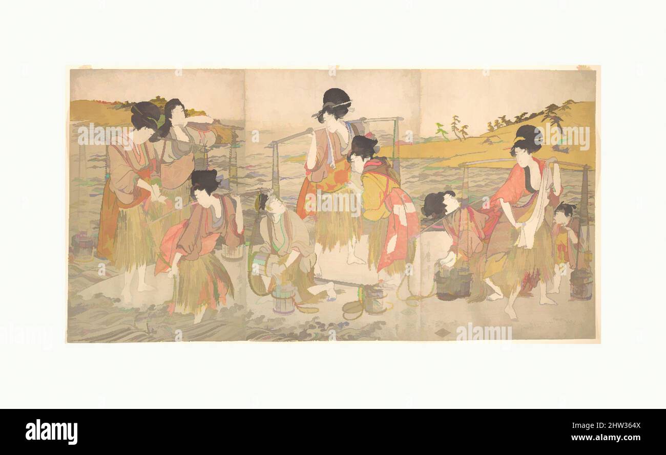 Kunst inspiriert vom Tanz der Beach Maidens, Edo-Zeit (1615–1868), Anfang des 19.. Jahrhunderts, Japan, Triptychon polychromer Holzschnitte; Tinte und Farbe auf Papier, insgesamt: 15 1/4 x 29 1/2 Zoll (38,7 x 74,9 cm), Drucke, Kitagawa Utamaro (japanisch, 1753?–1806), Obwohl Narihiras Geschichte, Klassische Werke, die von Artotop mit einem Hauch von Moderne modernisiert wurden. Formen, Farbe und Wert, auffällige visuelle Wirkung auf Kunst. Emotionen durch Freiheit von Kunstwerken auf zeitgemäße Weise. Eine zeitlose Botschaft, die eine wild kreative neue Richtung verfolgt. Künstler, die sich dem digitalen Medium zuwenden und die Artotop NFT erschaffen Stockfoto