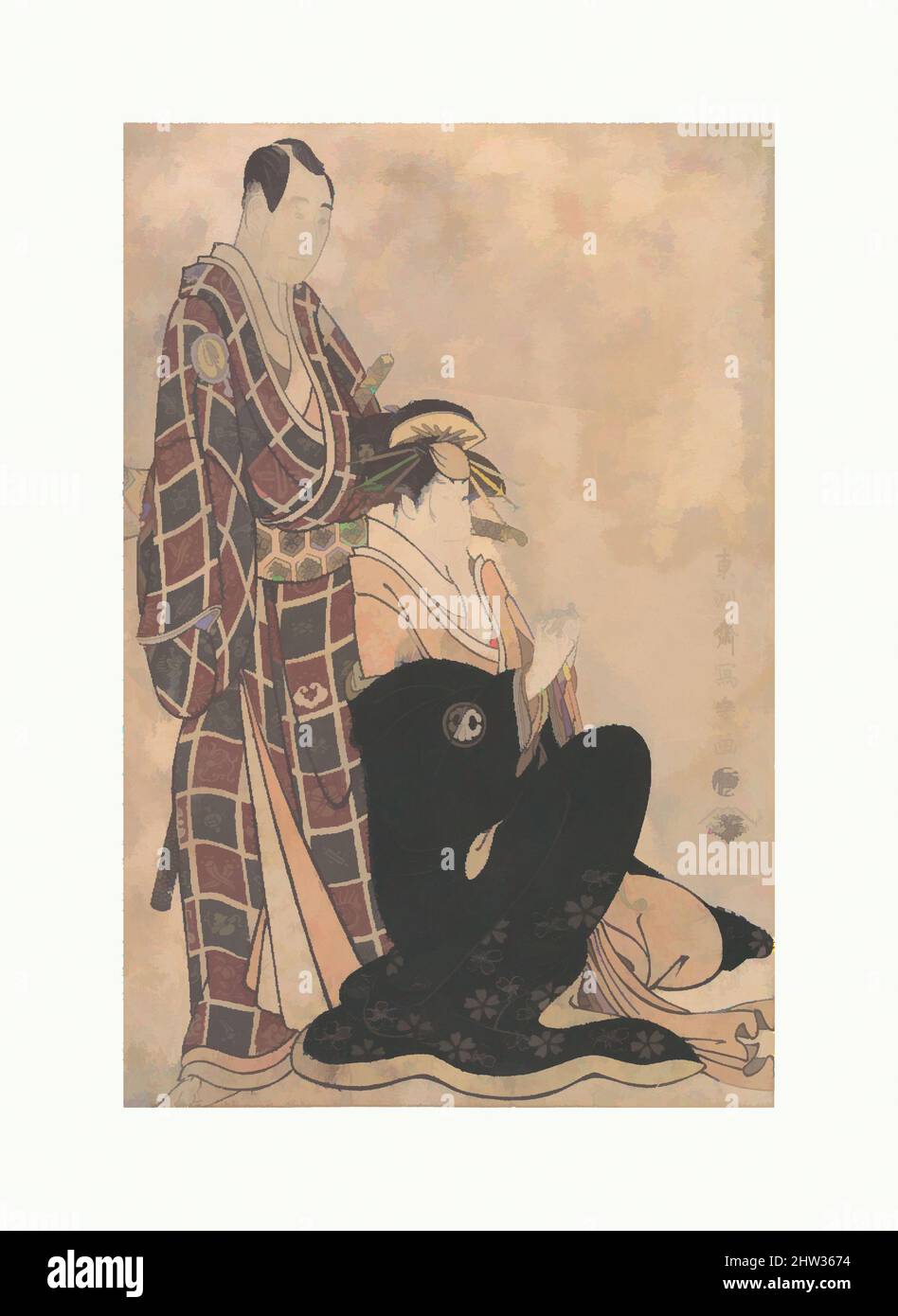 Kunst inspiriert von Sagawa Kikunojo III. Als Kurtisane Katsuragi und Sawamura Sojuro, Edo-Zeit (1615–1868), 1794, Japan, Polychromer Holzschnitt; Weißer Glimmergrund; Tinte und Farbe auf Papier, 14 3/4 x 9 3/4 Zoll (37,5 x 24,8 cm), Drucke, Tōshūsai Sharaku (japanisch, aktiv 1794–95, Klassisches Werk, modernisiert von Artotop mit einem Schuss Moderne. Formen, Farbe und Wert, auffällige visuelle Wirkung auf Kunst. Emotionen durch Freiheit von Kunstwerken auf zeitgemäße Weise. Eine zeitlose Botschaft, die eine wild kreative neue Richtung verfolgt. Künstler, die sich dem digitalen Medium zuwenden und die Artotop NFT erschaffen Stockfoto