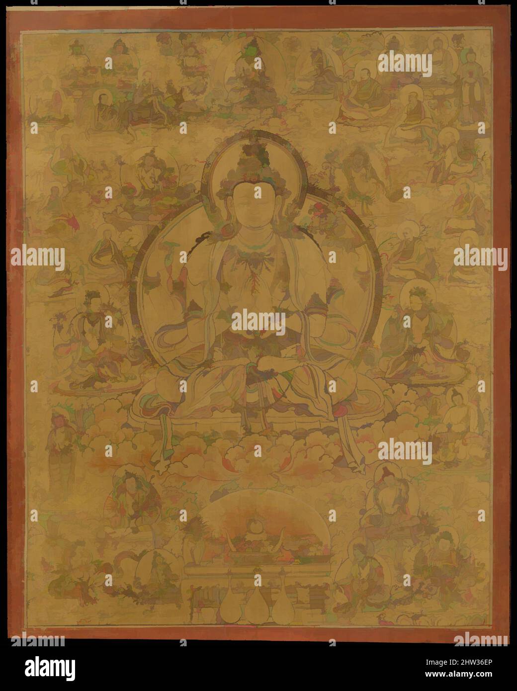 Kunst inspiriert von Sadaksari-Lokeshvara umgeben von Manifestationen und Mönchen, Ende des 15.. Jahrhunderts, Tibet, Gold, Tinte, Und Farbe auf Stoff, Bild: 40 3/8 x 31 1/4 Zoll (102,6 x 79,4 cm), Gemälde, Dieses Gemälde stellt die „sechssilbige Form“ von Avalokiteshvara dar und erinnert an das Mantra om, klassische Werke, die von Artotop mit einem Schuss Moderne modernisiert wurden. Formen, Farbe und Wert, auffällige visuelle Wirkung auf Kunst. Emotionen durch Freiheit von Kunstwerken auf zeitgemäße Weise. Eine zeitlose Botschaft, die eine wild kreative neue Richtung verfolgt. Künstler, die sich dem digitalen Medium zuwenden und die Artotop NFT erschaffen Stockfoto