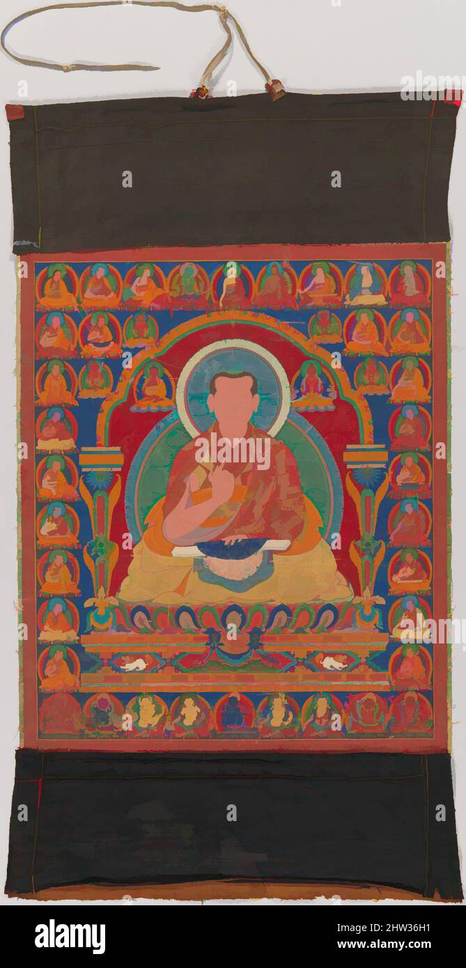 Kunst inspiriert von Portrait of Munchen Sangye Rinchen, dem Achten Abt des Ngor-Klosters, Ende des 16.. Jahrhunderts, Tibet, Staupe und Gold auf Stoff, Bild: 30 5/8 x 26 3/16 Zoll (77,8 x 66,5 cm), Gemälde, Diese tangka gehört zu einer Reihe von Porträts mit dem Titel „der Weg mit dem Fruchtgurus und, Klassischen Werken modernisiert von Artotop mit einem Schuss Moderne. Formen, Farbe und Wert, auffällige visuelle Wirkung auf Kunst. Emotionen durch Freiheit von Kunstwerken auf zeitgemäße Weise. Eine zeitlose Botschaft, die eine wild kreative neue Richtung verfolgt. Künstler, die sich dem digitalen Medium zuwenden und die Artotop NFT erschaffen Stockfoto