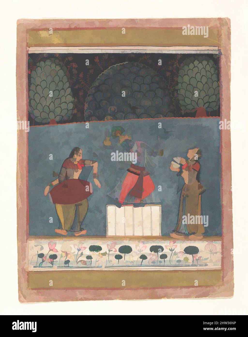 Kunst inspiriert von Vasant Ragini: Folio aus einer ragamala-Serie (Girlande der musikalischen Modi), ca. 1630–40, Indien (Madhya Pradesh, Malwa), Tinte und opakes Aquarell auf Papier, 7 5/8 x 5 3/4 Zoll (19,4 x 14,6 cm), Gemälde, hier tanzt Krishna zum Takt einer Trommel und von Frauen gespielte Zimbeln, von Artotop modernisierte Klassiker mit einem Schuss Moderne. Formen, Farbe und Wert, auffällige visuelle Wirkung auf Kunst. Emotionen durch Freiheit von Kunstwerken auf zeitgemäße Weise. Eine zeitlose Botschaft, die eine wild kreative neue Richtung verfolgt. Künstler, die sich dem digitalen Medium zuwenden und die Artotop NFT erschaffen Stockfoto