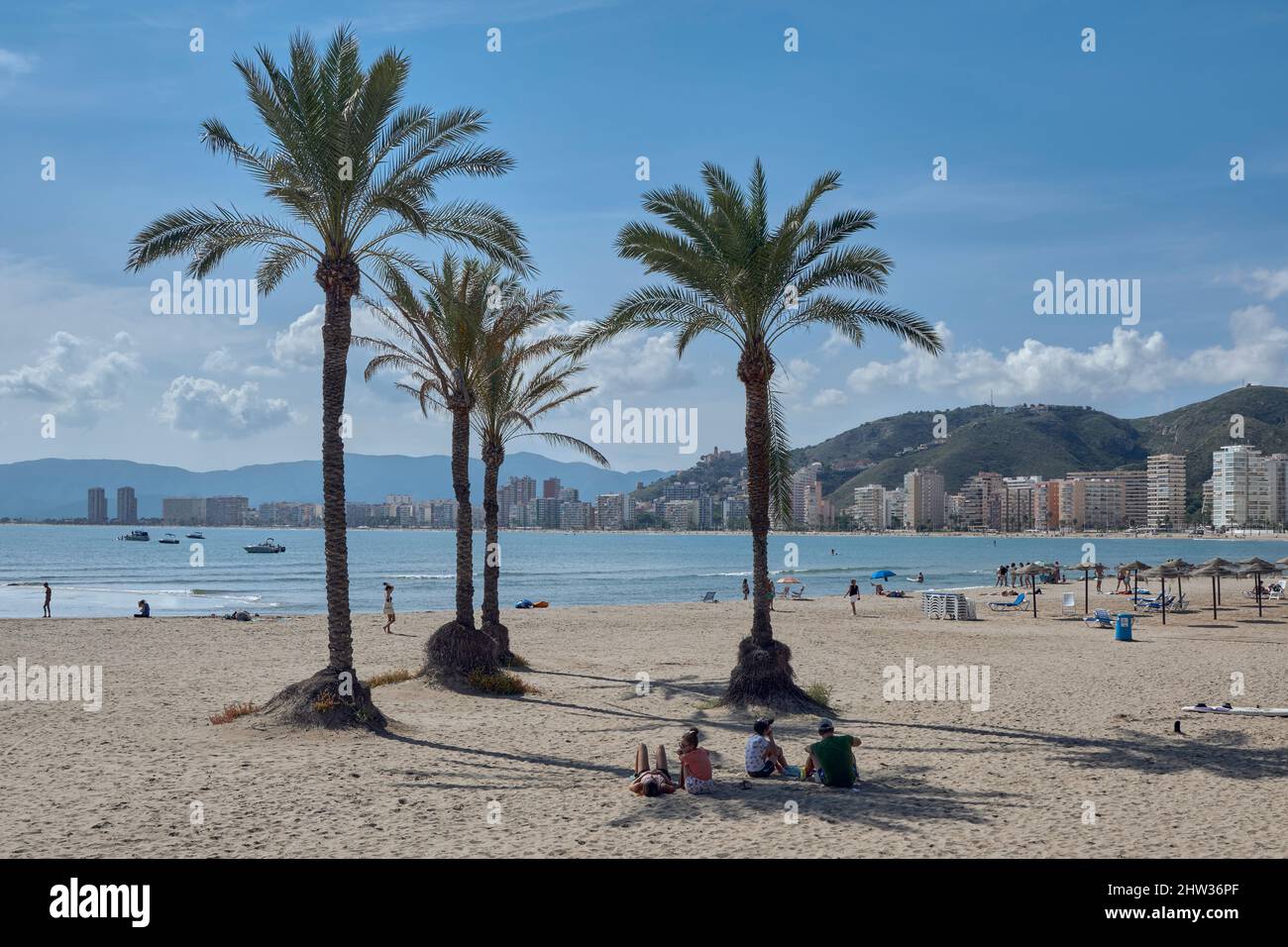 Menschen, die sich mit ihren Sonnenschirmen auf dem Sand sonnen und am Strand von Racó in der Küstenstadt Cullera in der Provinz Valencia, Spanien, Europa baden Stockfoto
